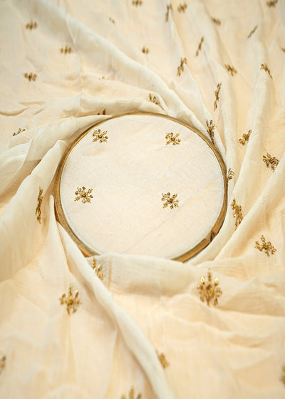 (PRE-CUT 1.4MTR) White Chinon Chiffon with Allover Buti of Sequins & Thread 11408
