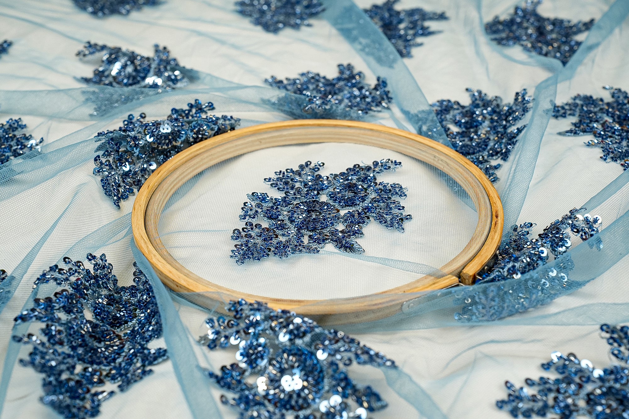 Blue Imported Net Floral Patchwork Elegance with Scalloped Border, Sequins, Beads, and Threadwork