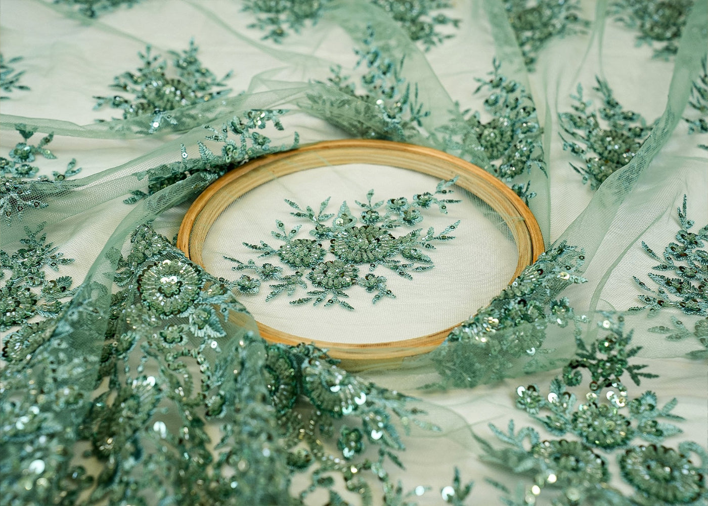 Sea Green Imported Net Floral Patchwork Elegance with Scalloped Border, Sequins, Beads, and Threadwork