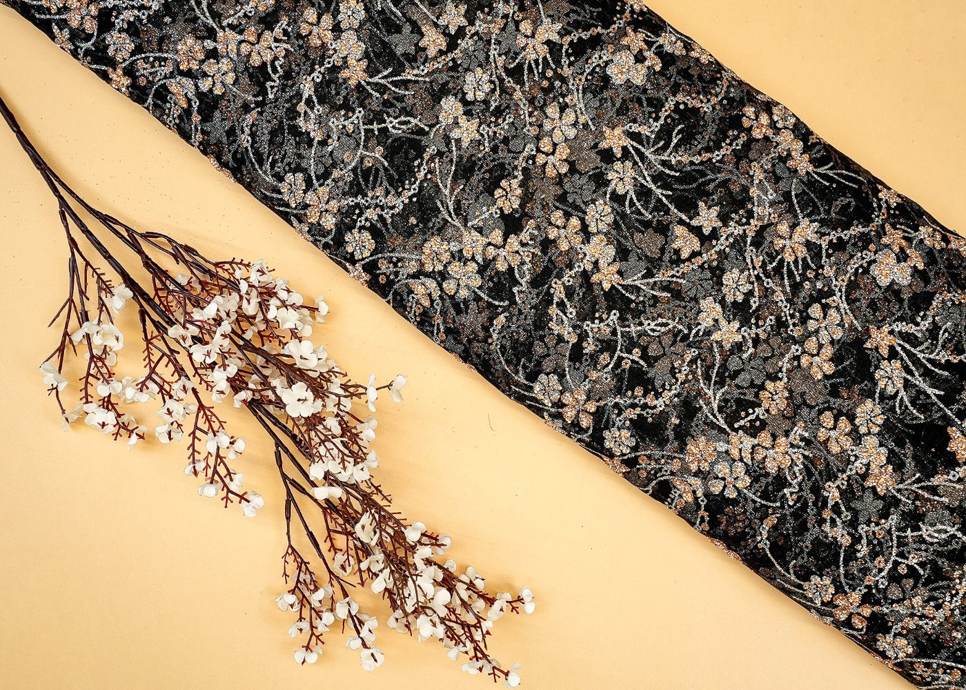 Glittering Blossom Net Fabric with All-Over Floral Work- Paras Gallery Fabrics
