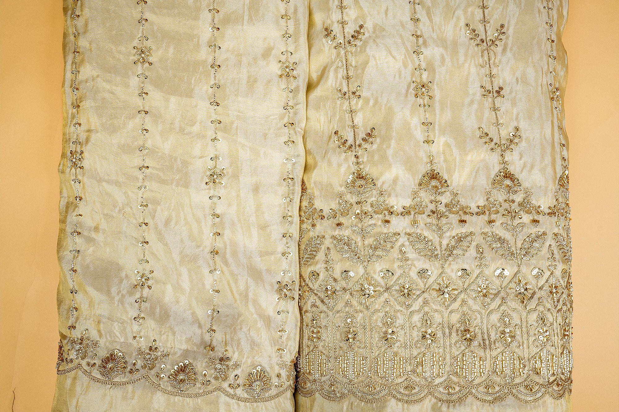 Opulent Tissue Dupatta with Threadwork, Sequins, Pearls, Beads, Zari, and Kutdana