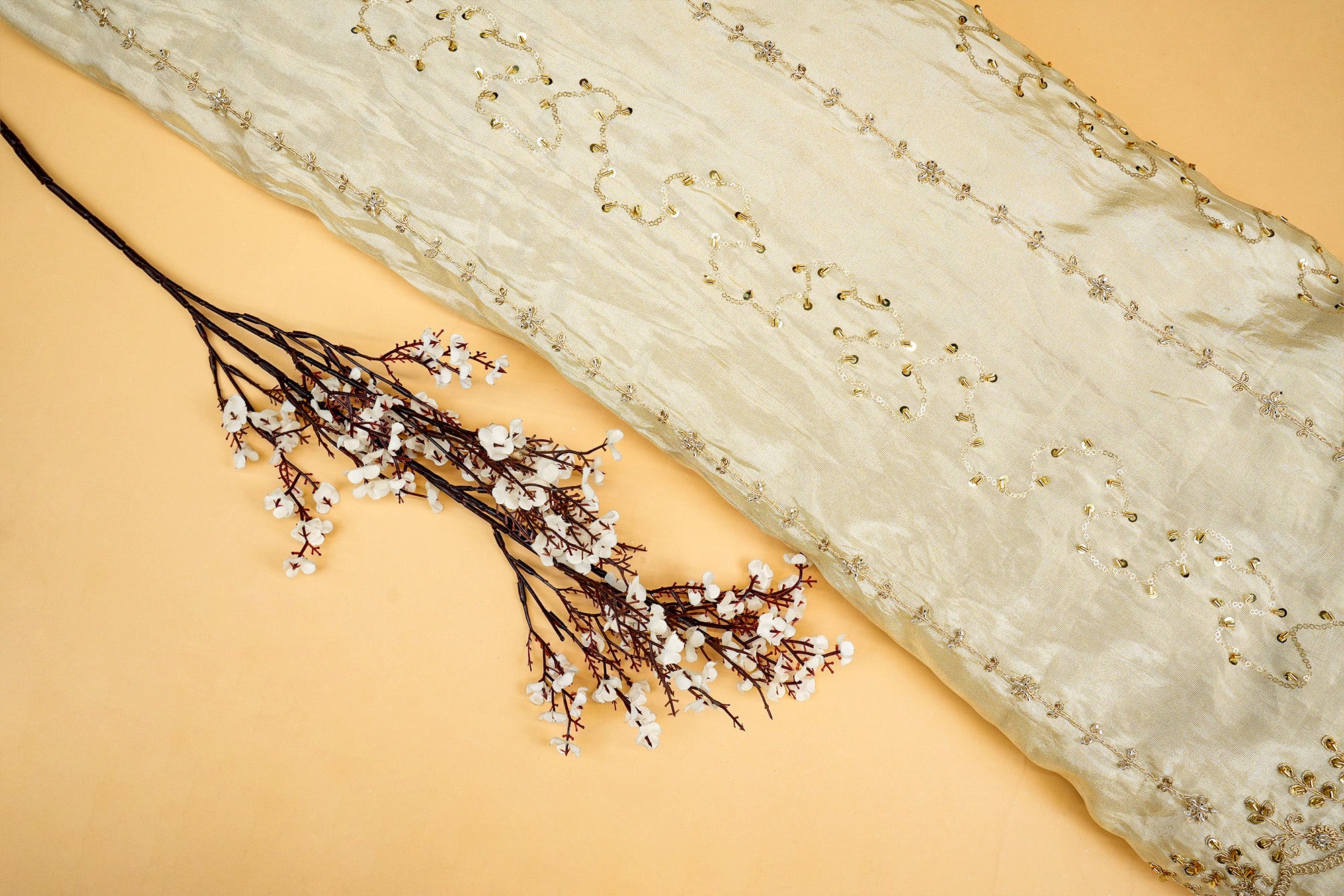 Opulent Tissue Dupatta with Threadwork, Sequins, Pearls, Beads, Zari, and Kutdana-Paras Gallery Fabrics