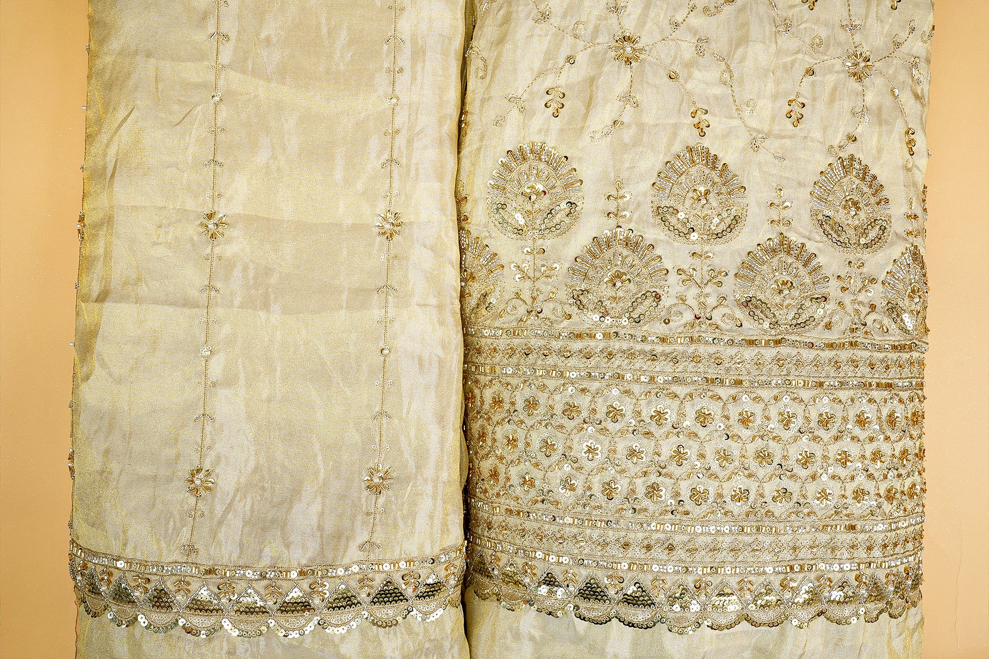 Opulent Tissue Dupatta with Threadwork, Sequins, Pearls, Beads, Zari, and Kutdana