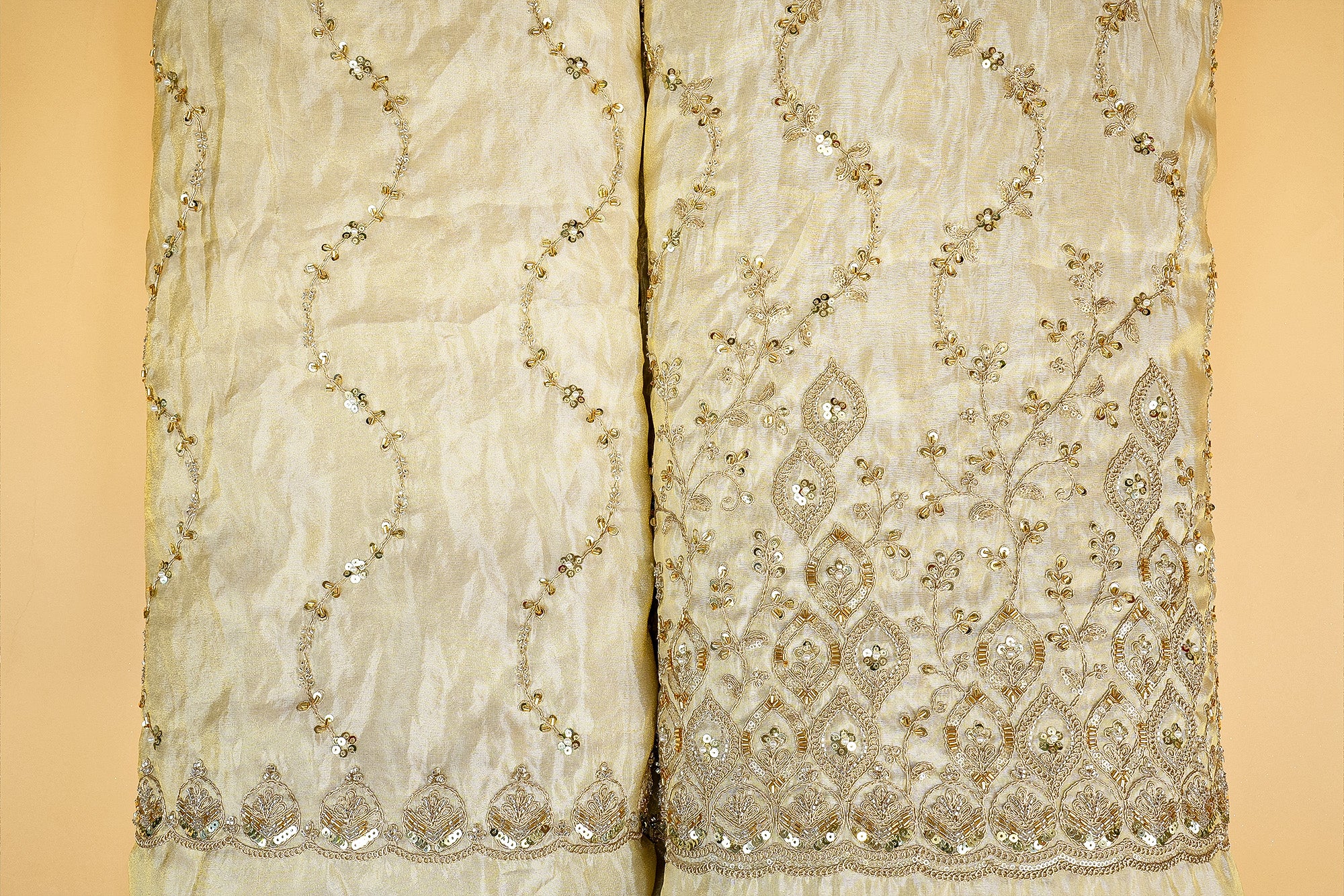 Opulent Tissue with Threadwork, Sequins, Pearls, Beads, Zari, and Kutdana