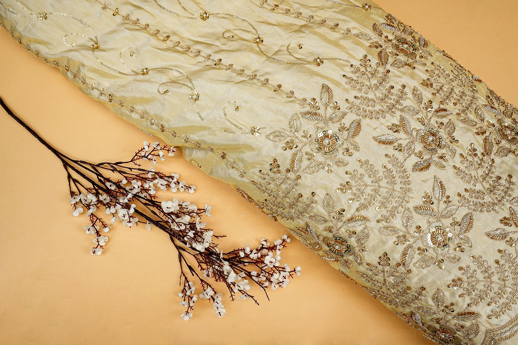 Opulent Tissue with Threadwork, Sequins, Pearls, Beads, Zari, and Kutdana-Paras Gallery Fabrics