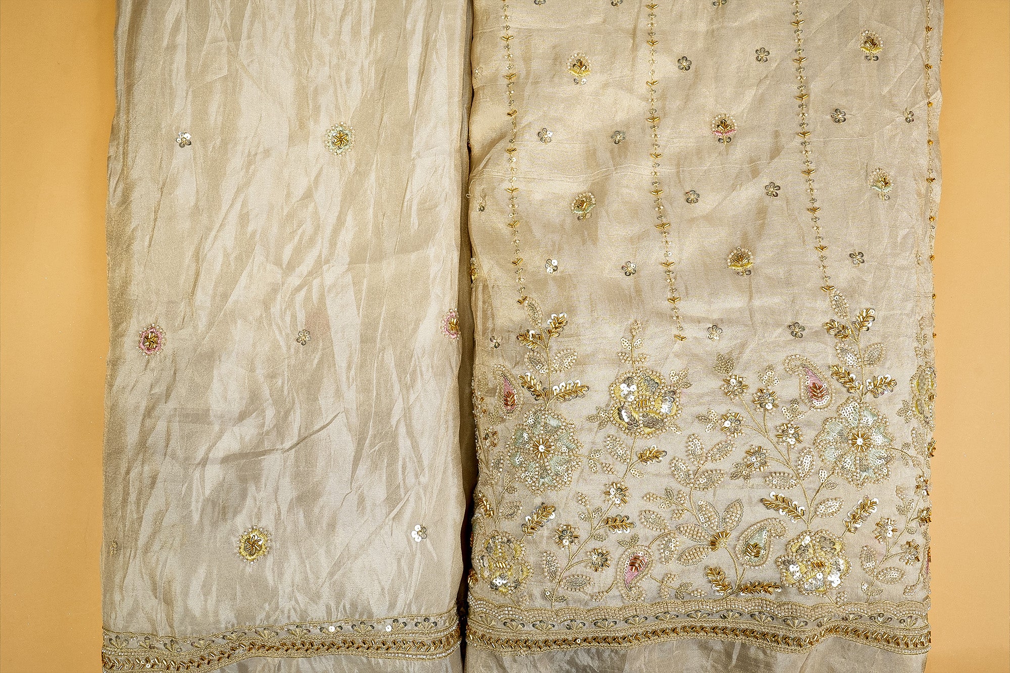 Opulent Tissue Dupatta with Threadwork, Sequins, Pearls, Beads, Zari, and Kutdana