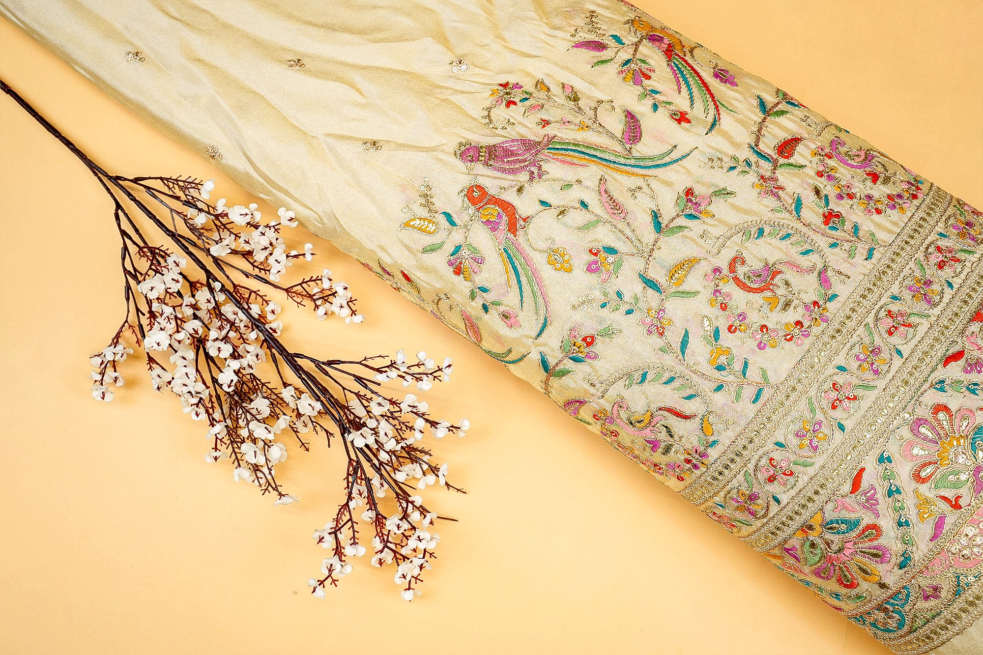 Vibrant Tissue Fabric with Multicolor Threadwork, Sequins, Zari, and Birds & Floral Motifs - Paras gallery Fabics