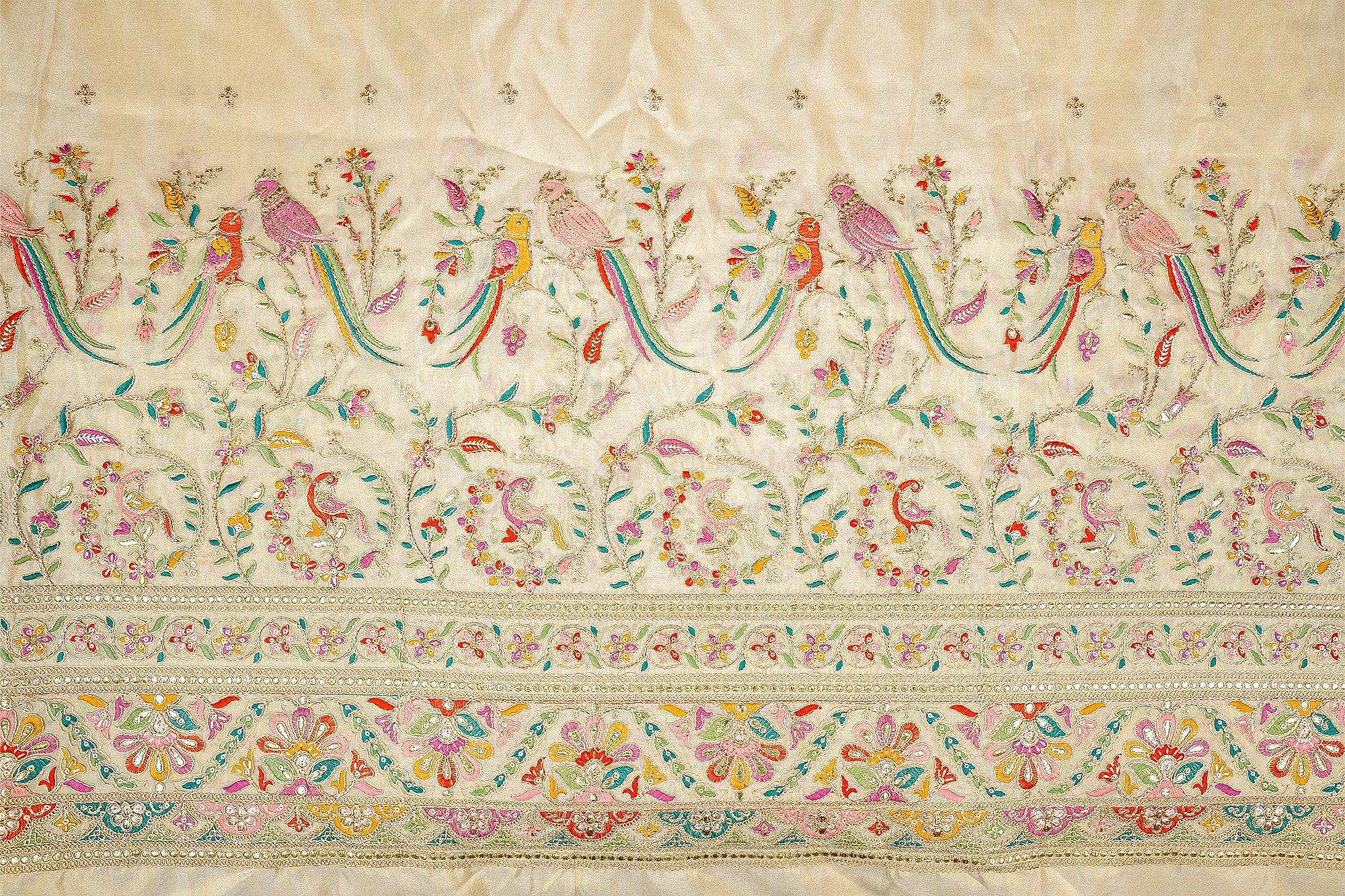 Vibrant Tissue Fabric with Multicolor Threadwork, Sequins, Zari, and Birds & Floral Motifs