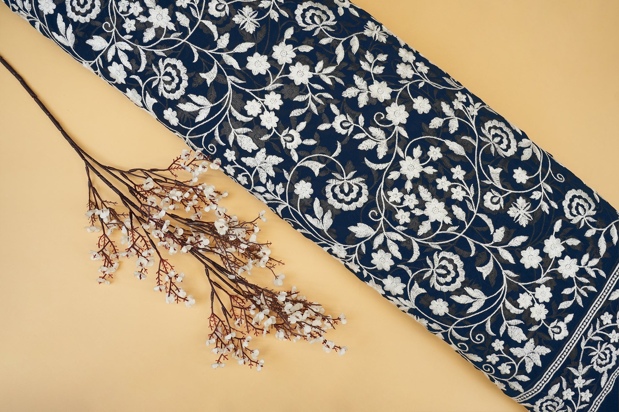 Pure Navy Blue Elegance Georgette Fabric with All-Over White Threadwork- Paras Gallery Fabrics
