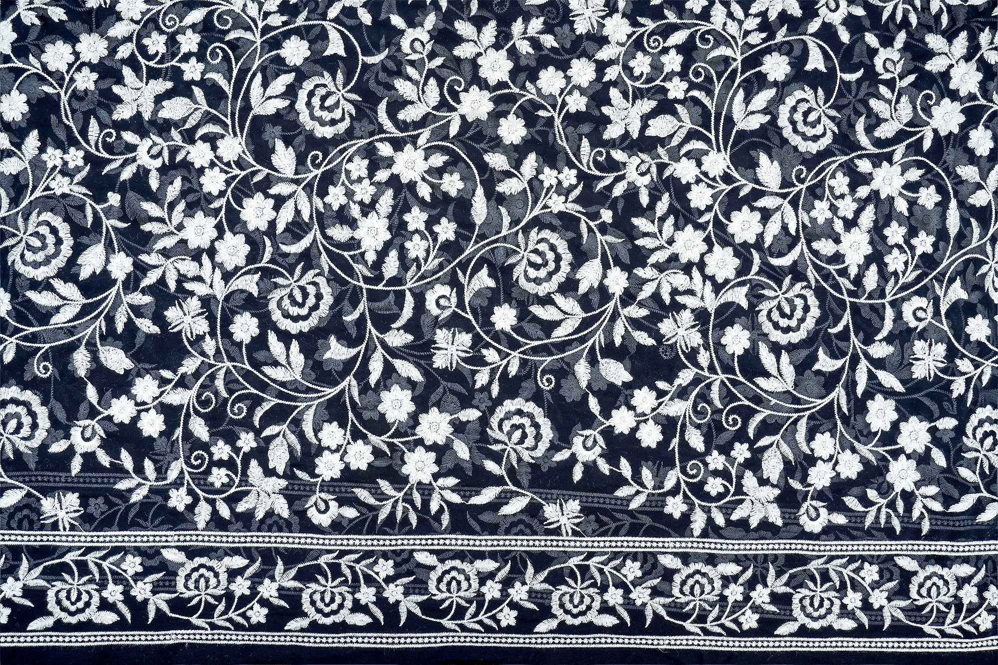 Pure Navy Blue Elegance Georgette Fabric with All-Over White Threadwork