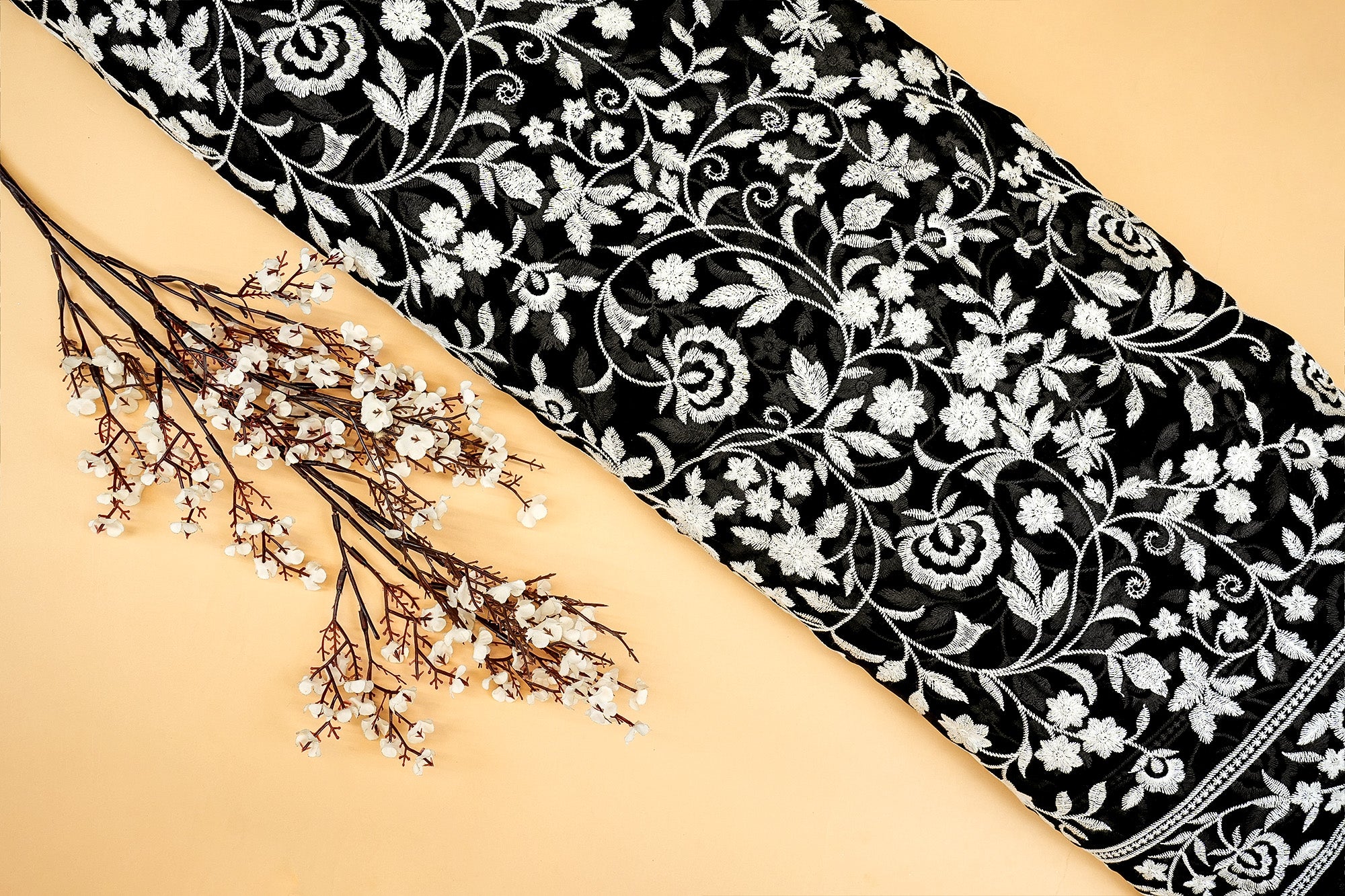 Pure Black Elegance Georgette Fabric with All-Over White Threadwork- Paras Gallery Fabrics