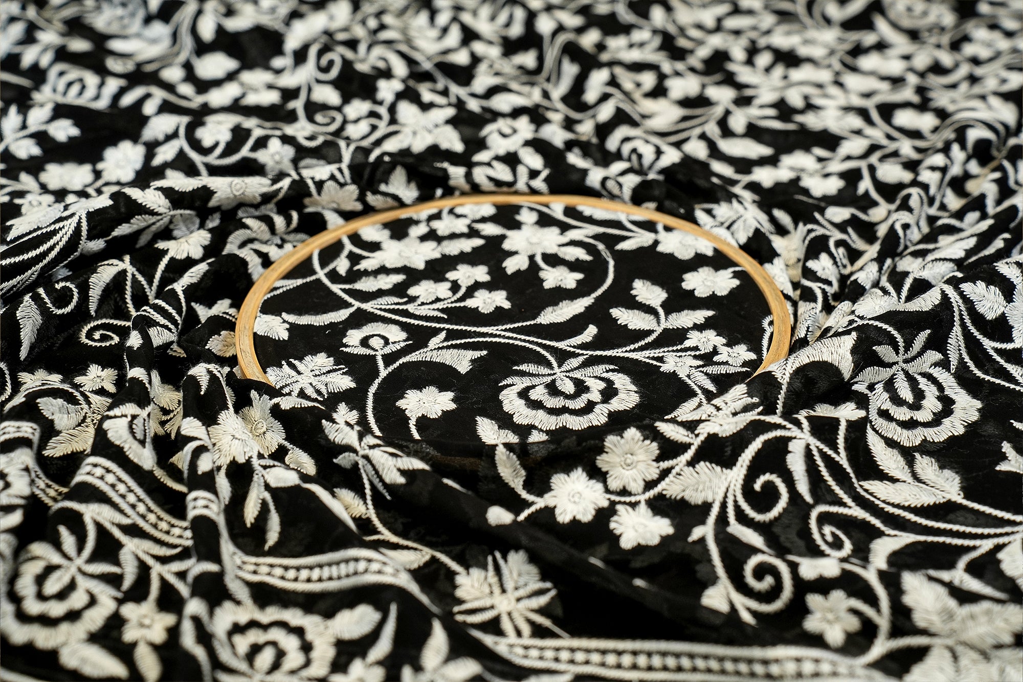 Pure Black Elegance Georgette Fabric with All-Over White Threadwork