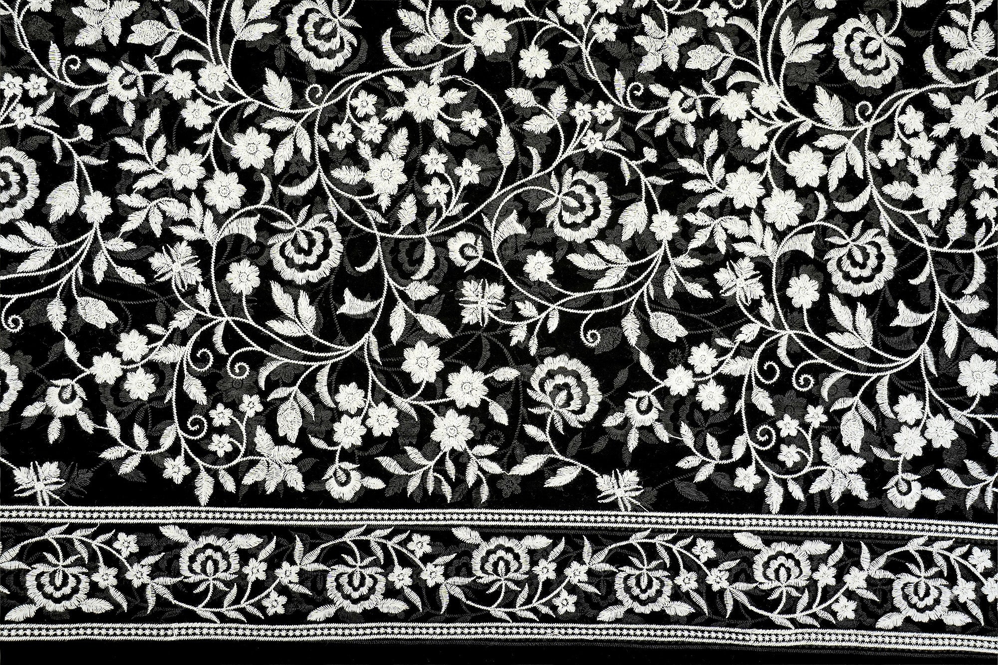 Pure Black Elegance Georgette Fabric with All-Over White Threadwork