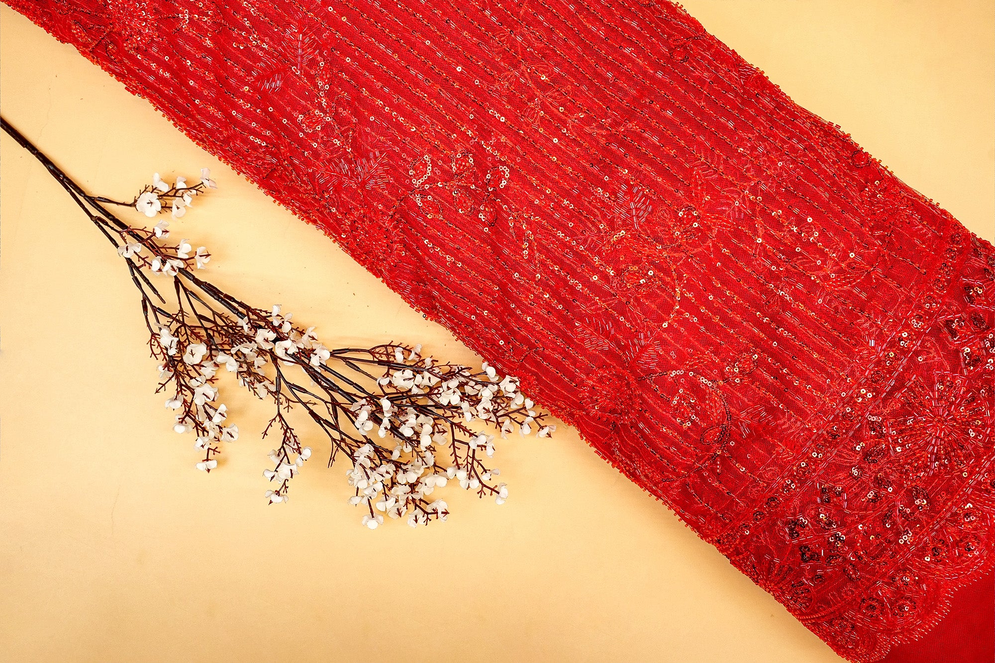 Red Imported Floral Majesty Net Fabric with Bead, Sequins, Kutdana Handwork and Heavy Border