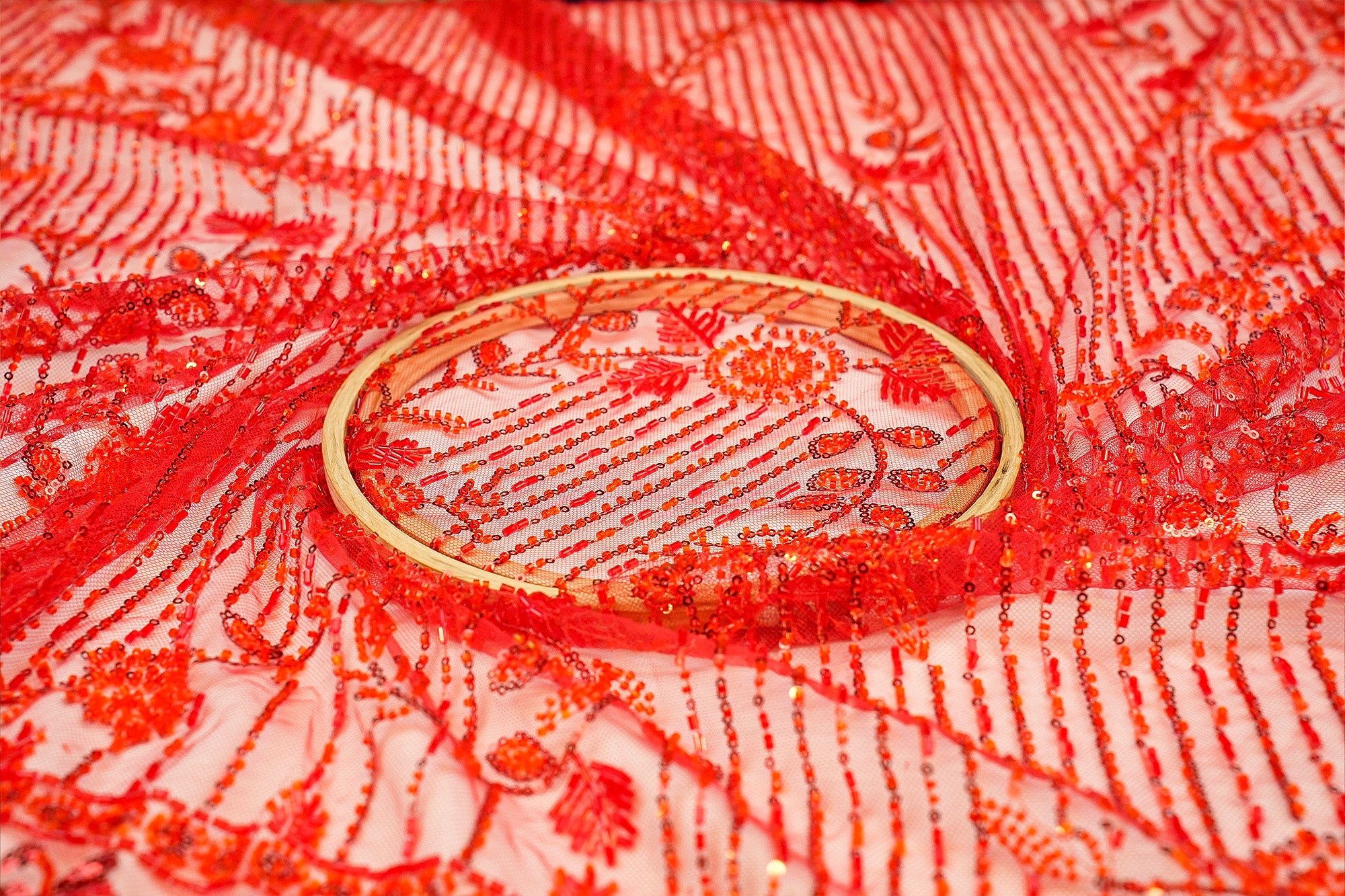 Red Imported Floral Majesty Net Fabric with Bead, Sequins, Kutdana Handwork and Heavy Border