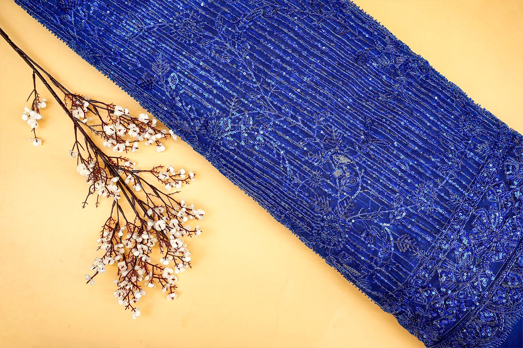 Blue Imported Floral Majesty Net Fabric with Bead, Sequins, Kutdana Handwork and Heavy Border