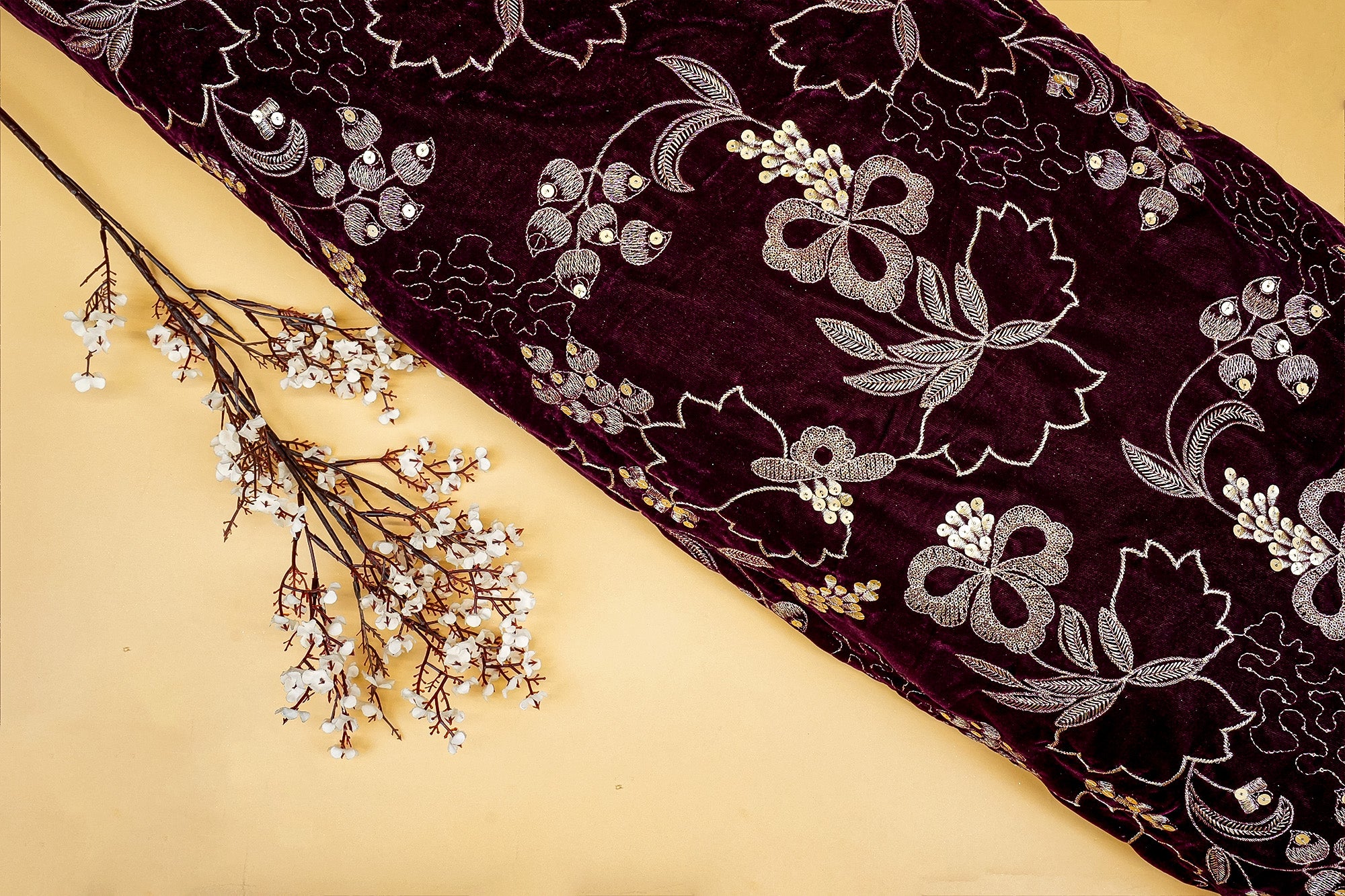 Wine Dazzling Velvet Fabric with All-Over Sequins and Zari Threadwork Fabric