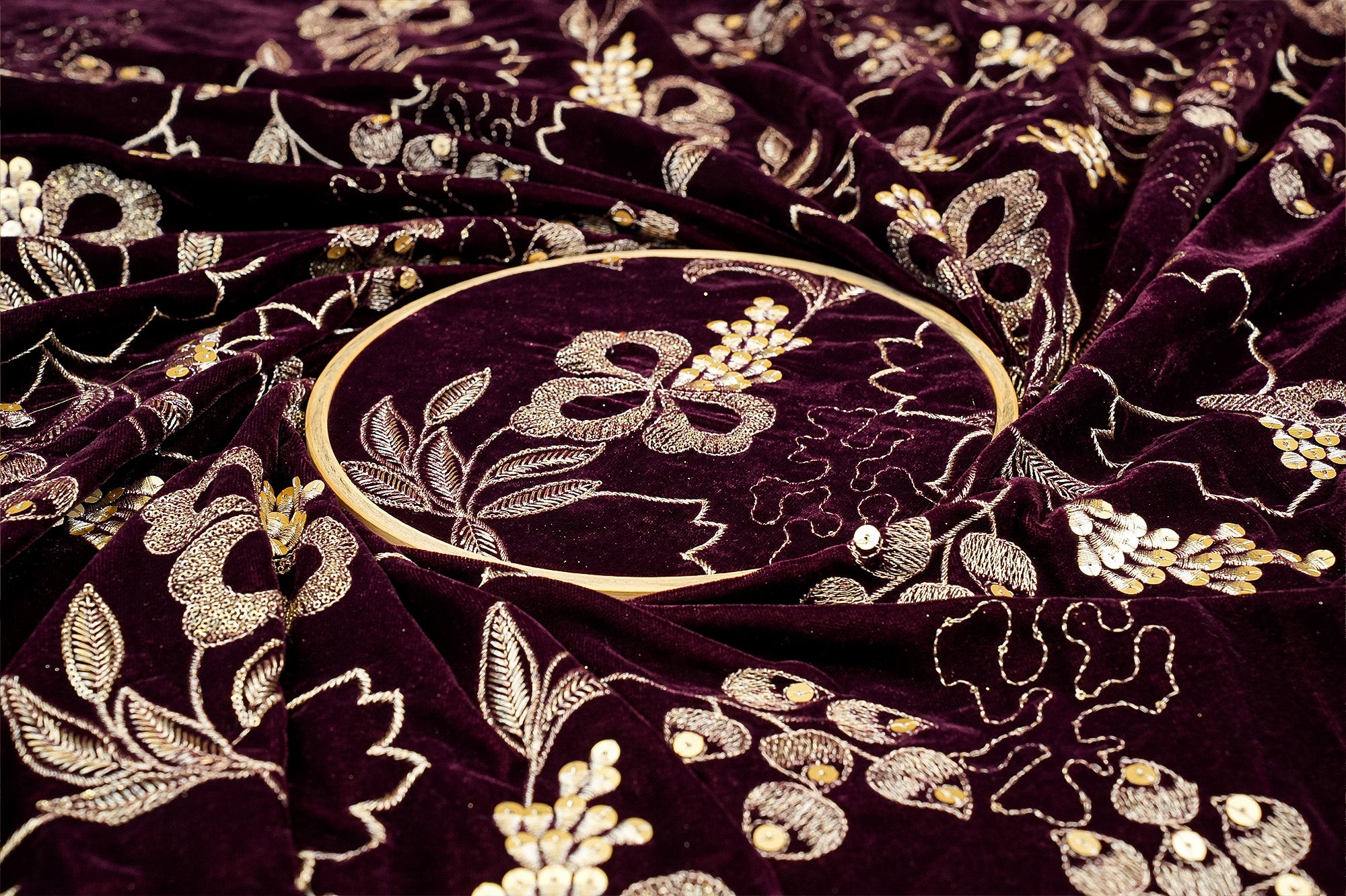 Wine Dazzling Velvet Fabric with All-Over Sequins and Zari Threadwork Fabric