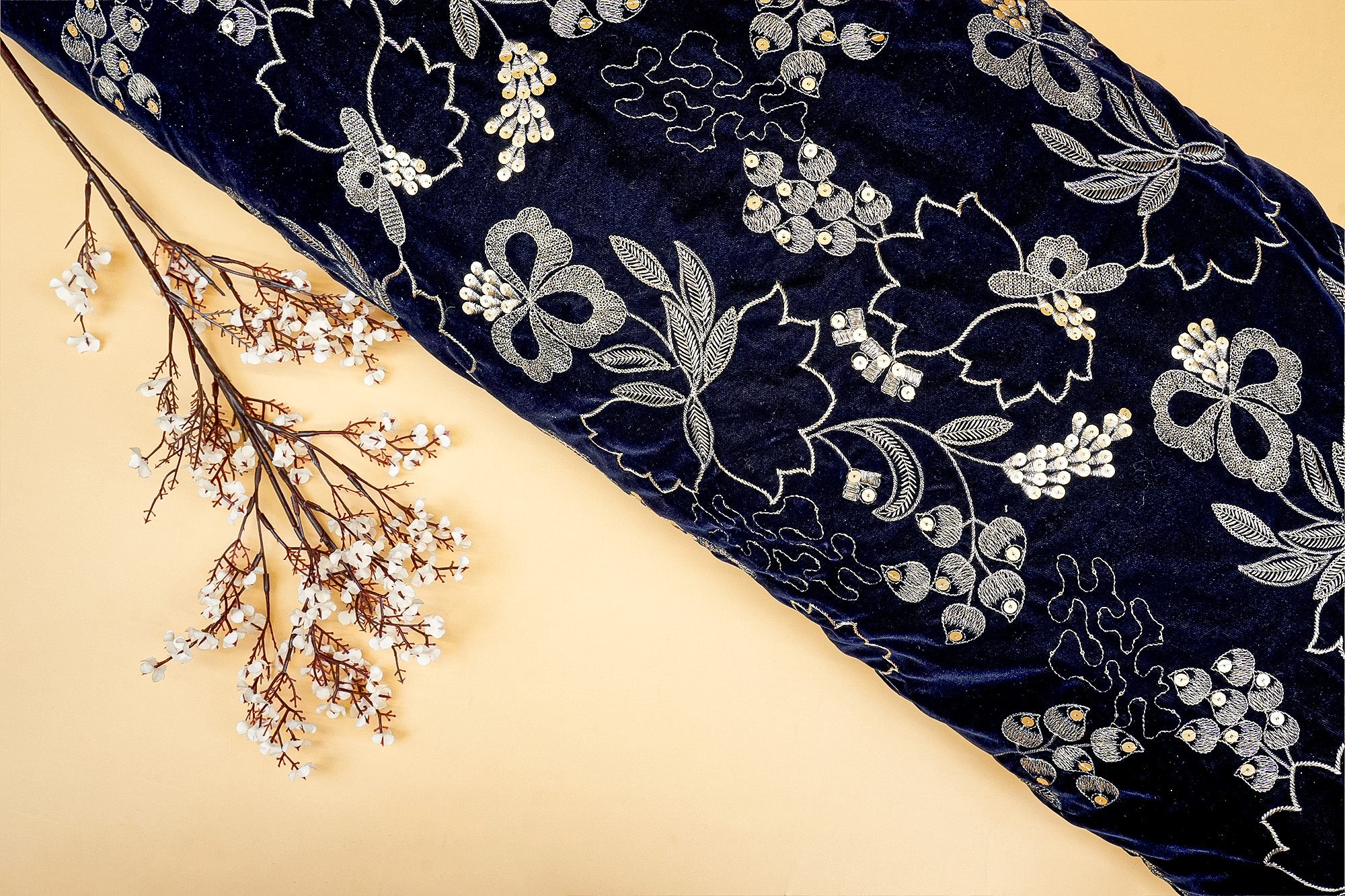 Navy Blue Dazzling Velvet Fabric with All-Over Sequins and Zari Threadwork Fabric