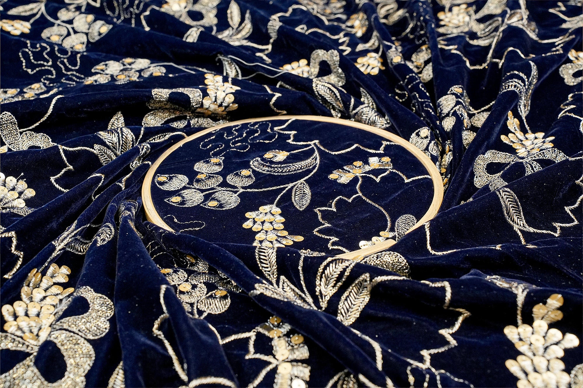 Navy Blue Dazzling Velvet Fabric with All-Over Sequins and Zari Threadwork Fabric