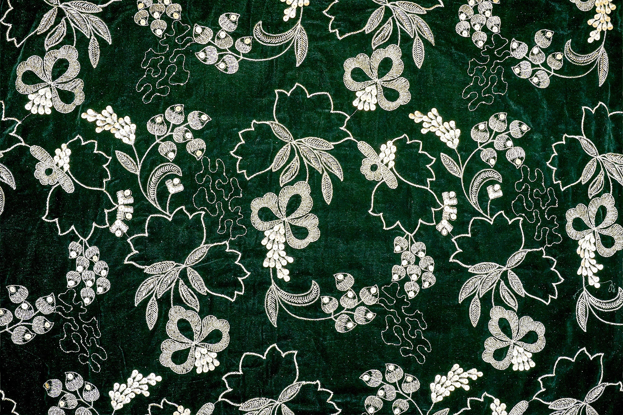 Bottle Green Dazzling Velvet Fabric with All-Over Sequins and Zari Threadwork Fabric