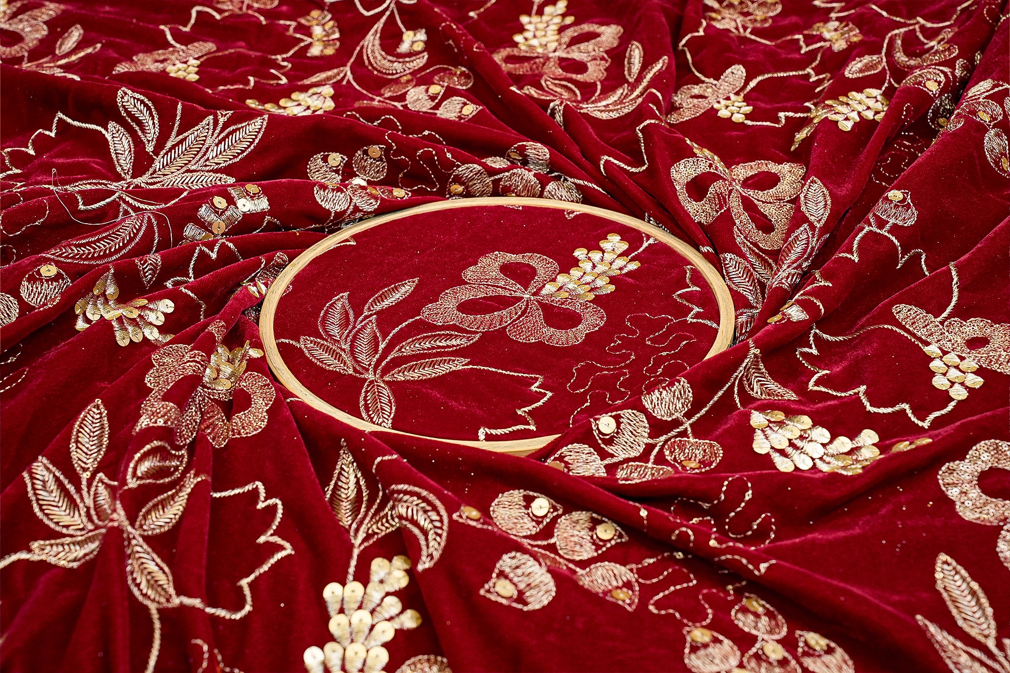 Maroon Dazzling Velvet Fabric with All-Over Sequins and Zari Threadwork Fabric