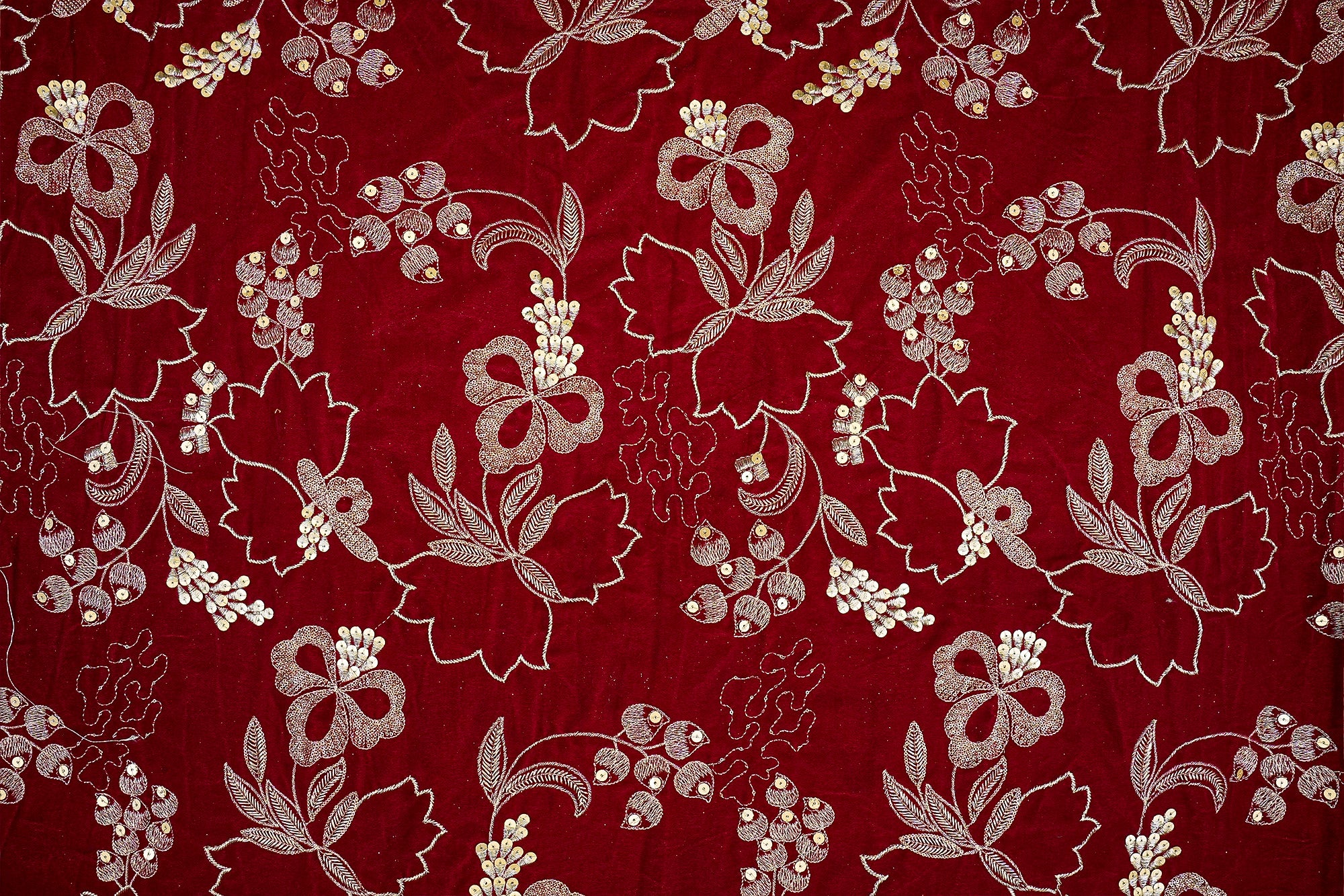 Maroon Dazzling Velvet Fabric with All-Over Sequins and Zari Threadwork Fabric