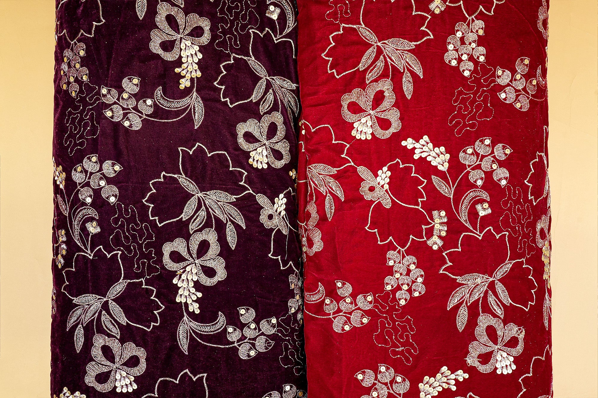 Maroon Dazzling Velvet Fabric with All-Over Sequins and Zari Threadwork Fabric