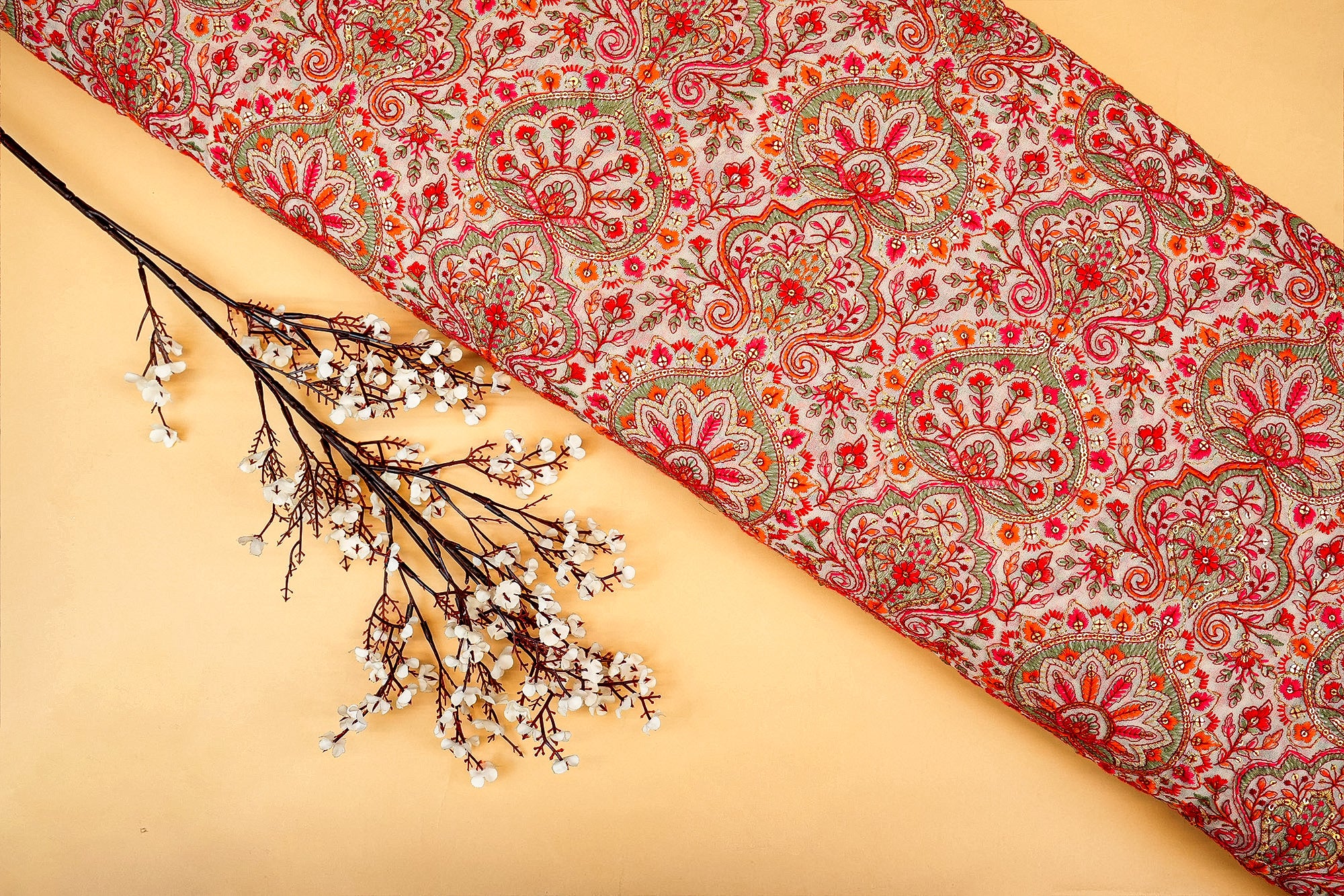 Off-White Regal Traditions Fabric with Multi-Color Thread, Golden Sequins, and All-Over Pattern