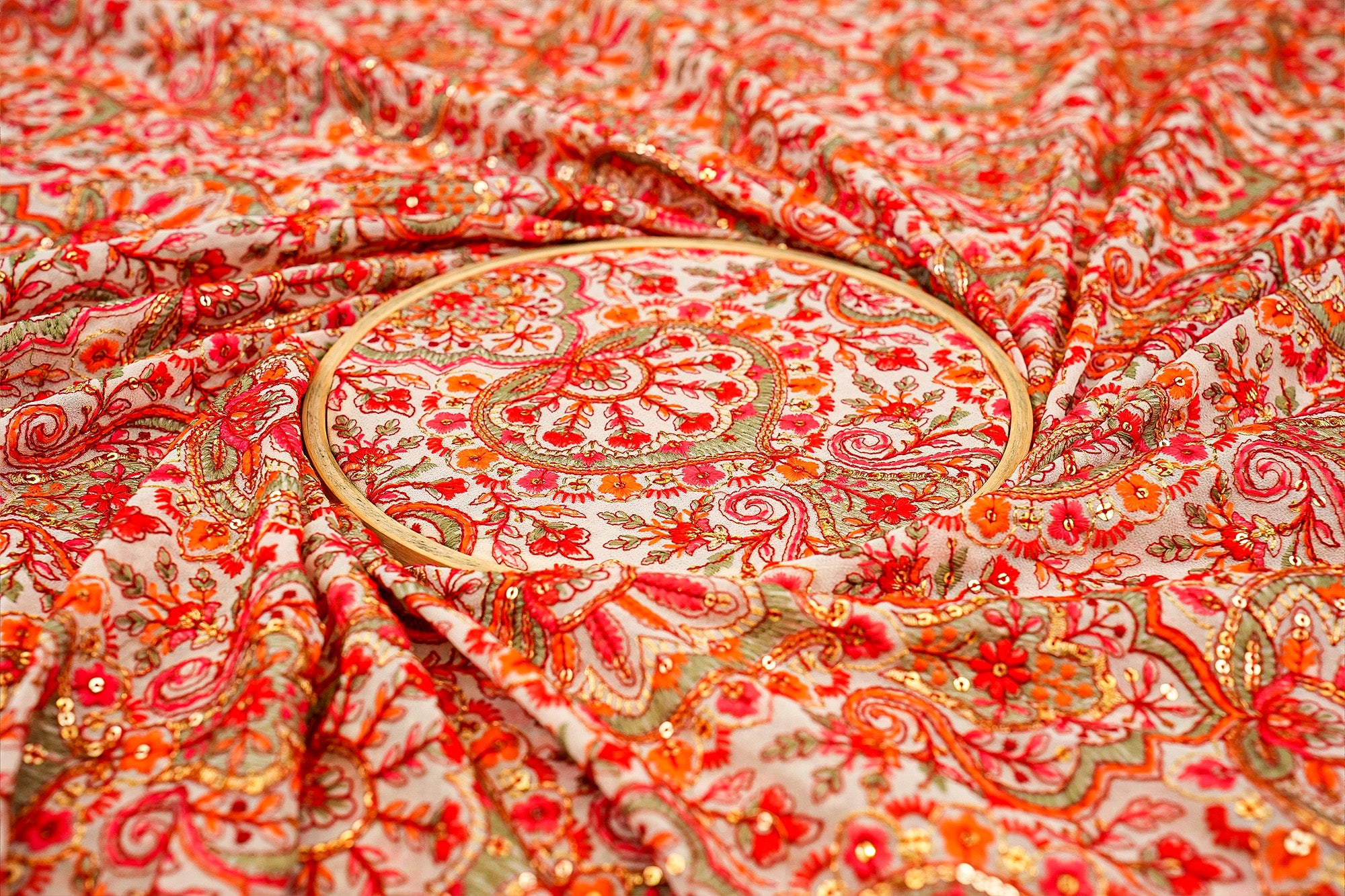 Off-White Regal Traditions Fabric with Multi-Color Thread, Golden Sequins, and All-Over Pattern