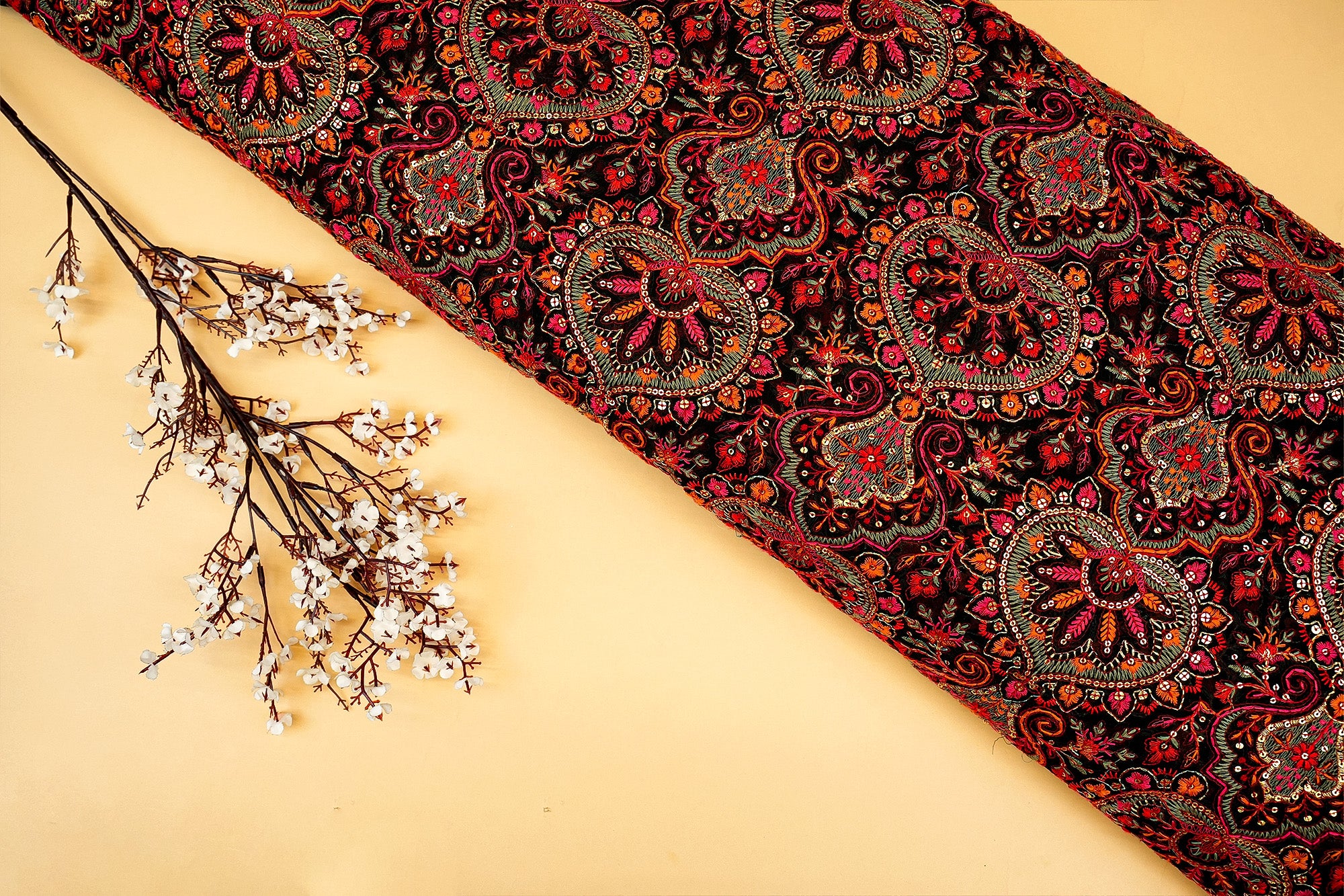 Black Regal Traditions Fabric with Multi-Color Thread, Golden Sequins, and All-Over Pattern