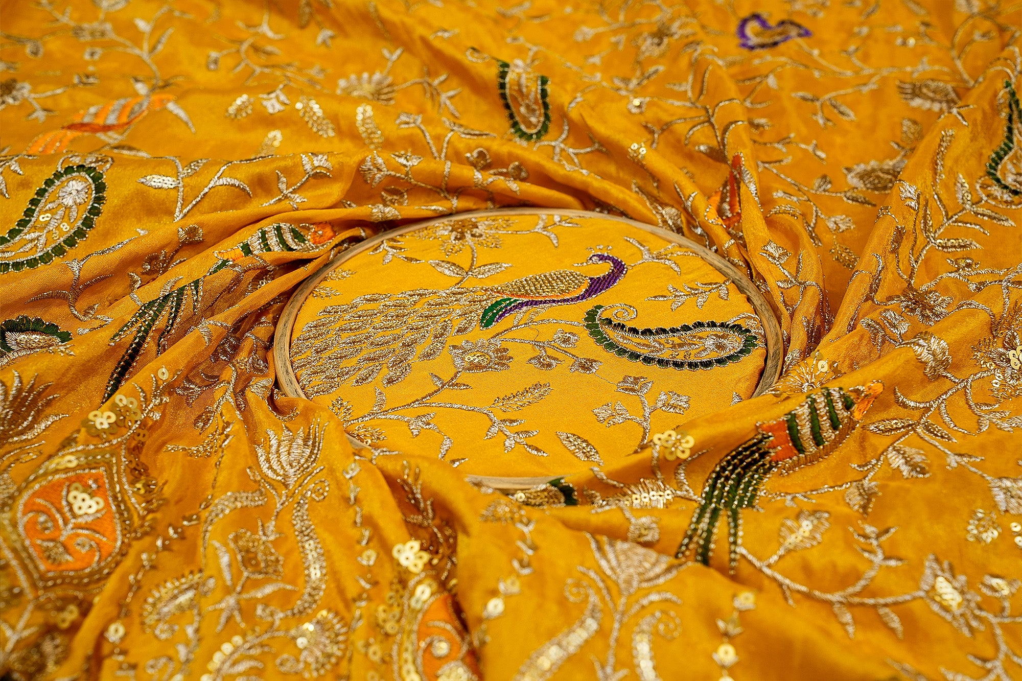 Yellow Glow Tissue Fabric with All-Over Zari, Sequins, and Multicolor Threadwork Embellishments