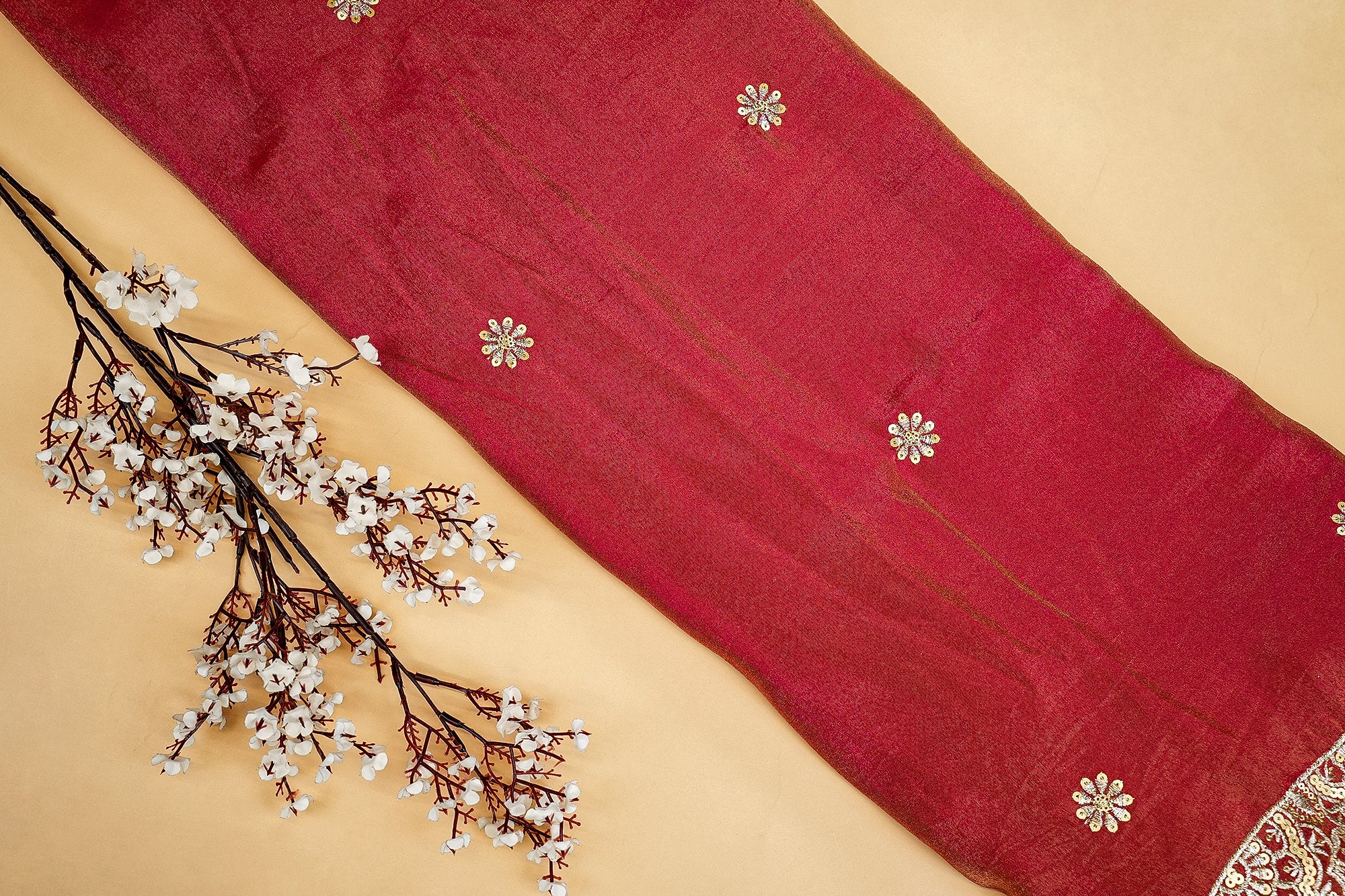 Magenta Glow Tissue Dupatta Fabric with Zari, Sequins, and Multicolor Threadwork Embellishments - Paras Gallery Fabrics