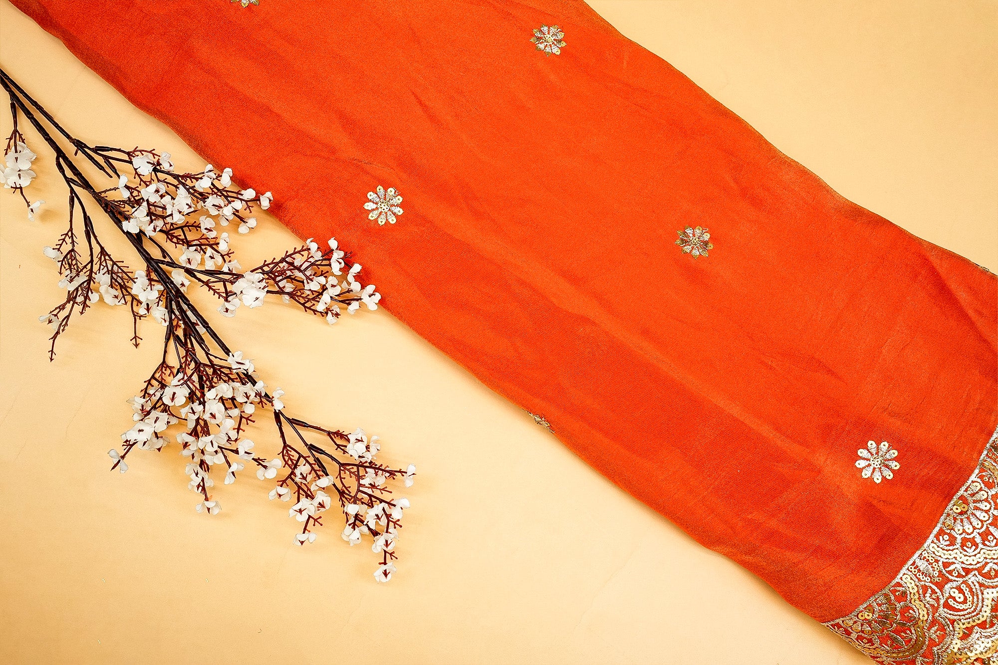 Orange Glow Tissue Dupatta Fabric with Zari, Sequins, and Multicolor Threadwork Embellishments