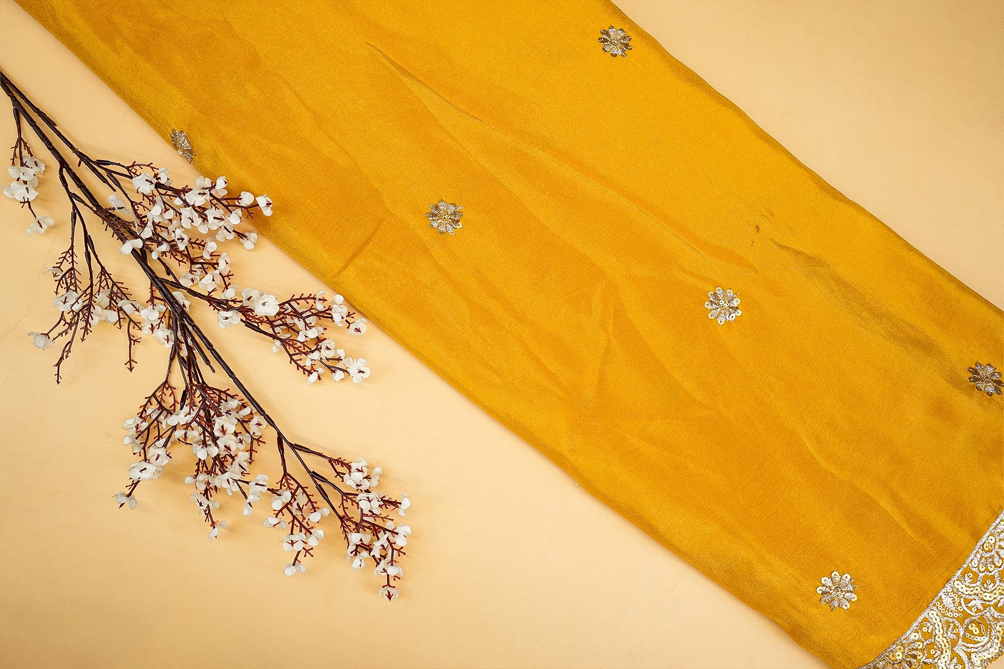 Yellow Glow Tissue Dupatta Fabric with Zari, Sequins, and Multicolor Threadwork Embellishments