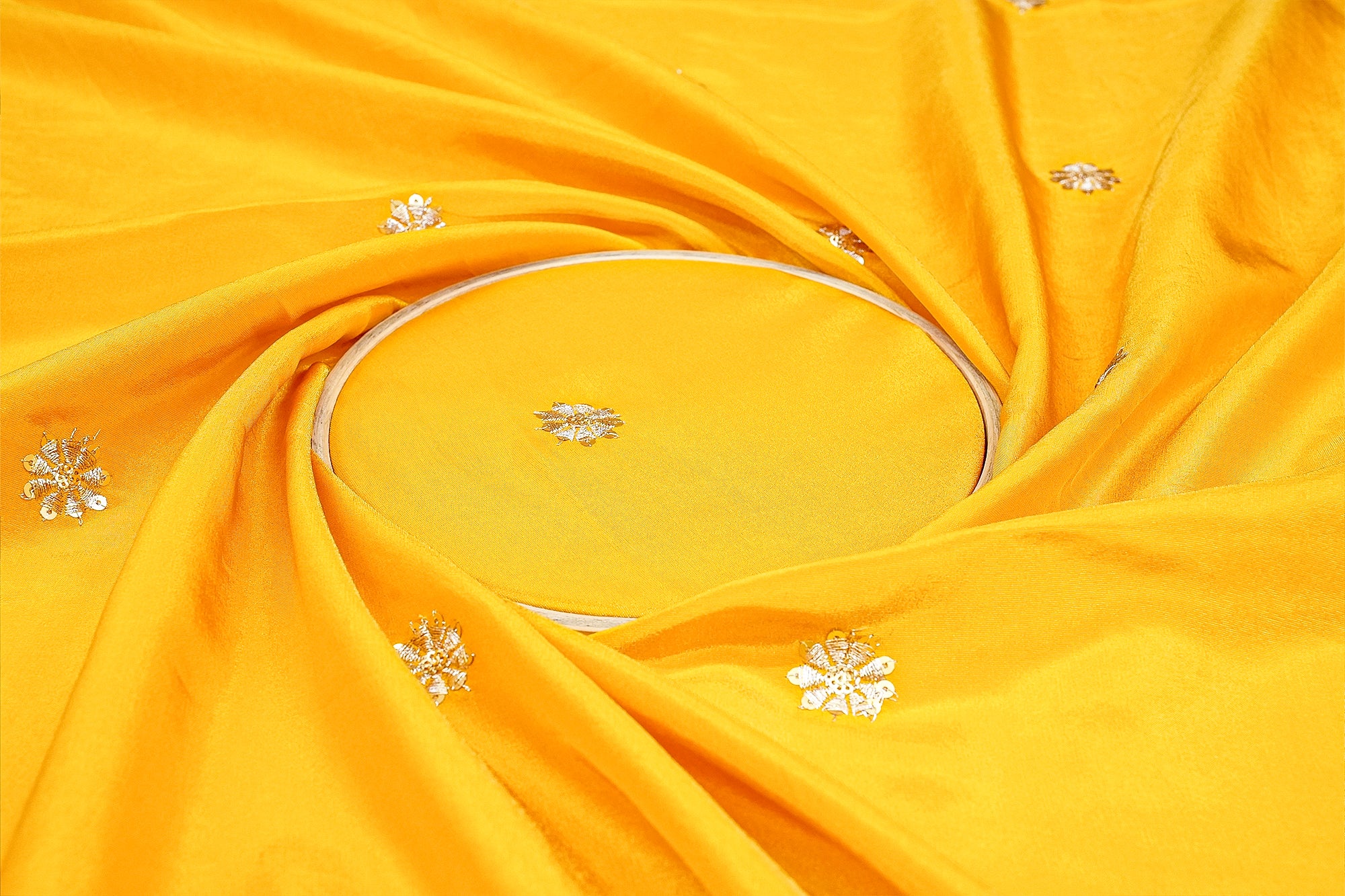 Yellow Glow Tissue Dupatta Fabric with Zari, Sequins, and Multicolor Threadwork Embellishments