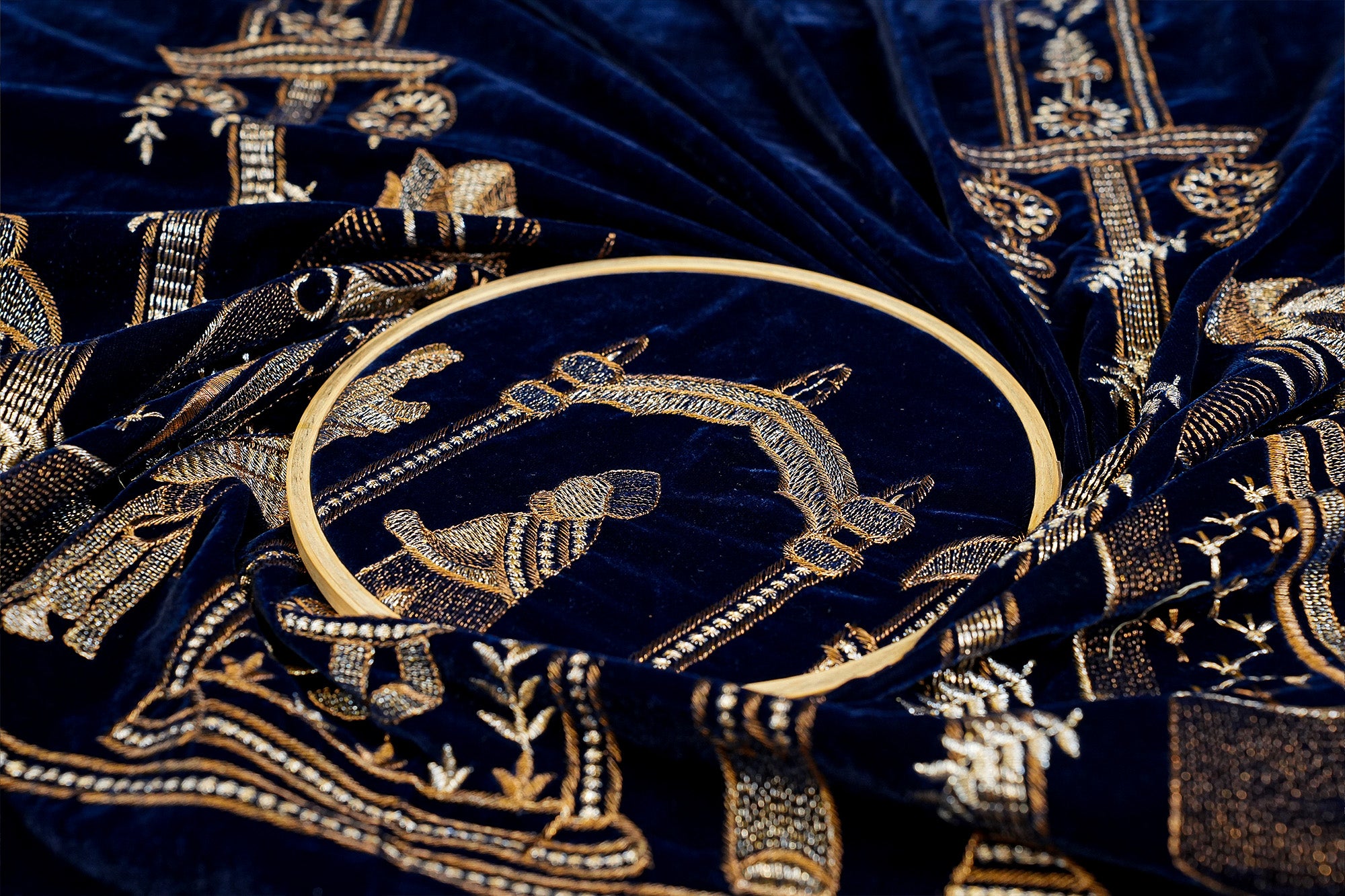 Blue Plain Velvet with Traditional Motif Golden and Bronze Zari Threadwork