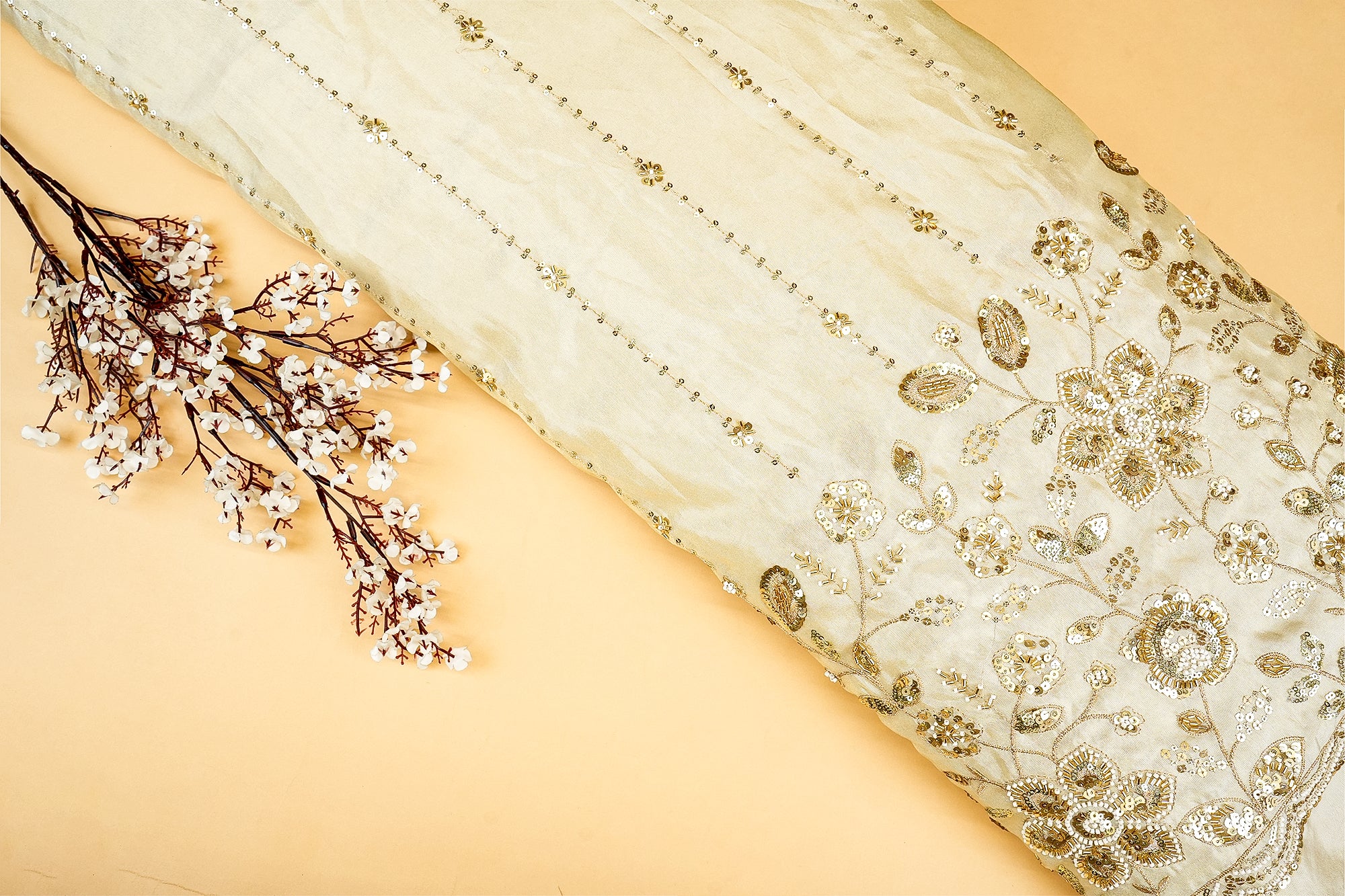 Opulent Elegance Tissue Fabric with Sequins, White Beads, Kutdana, Zari, and Heavy Border