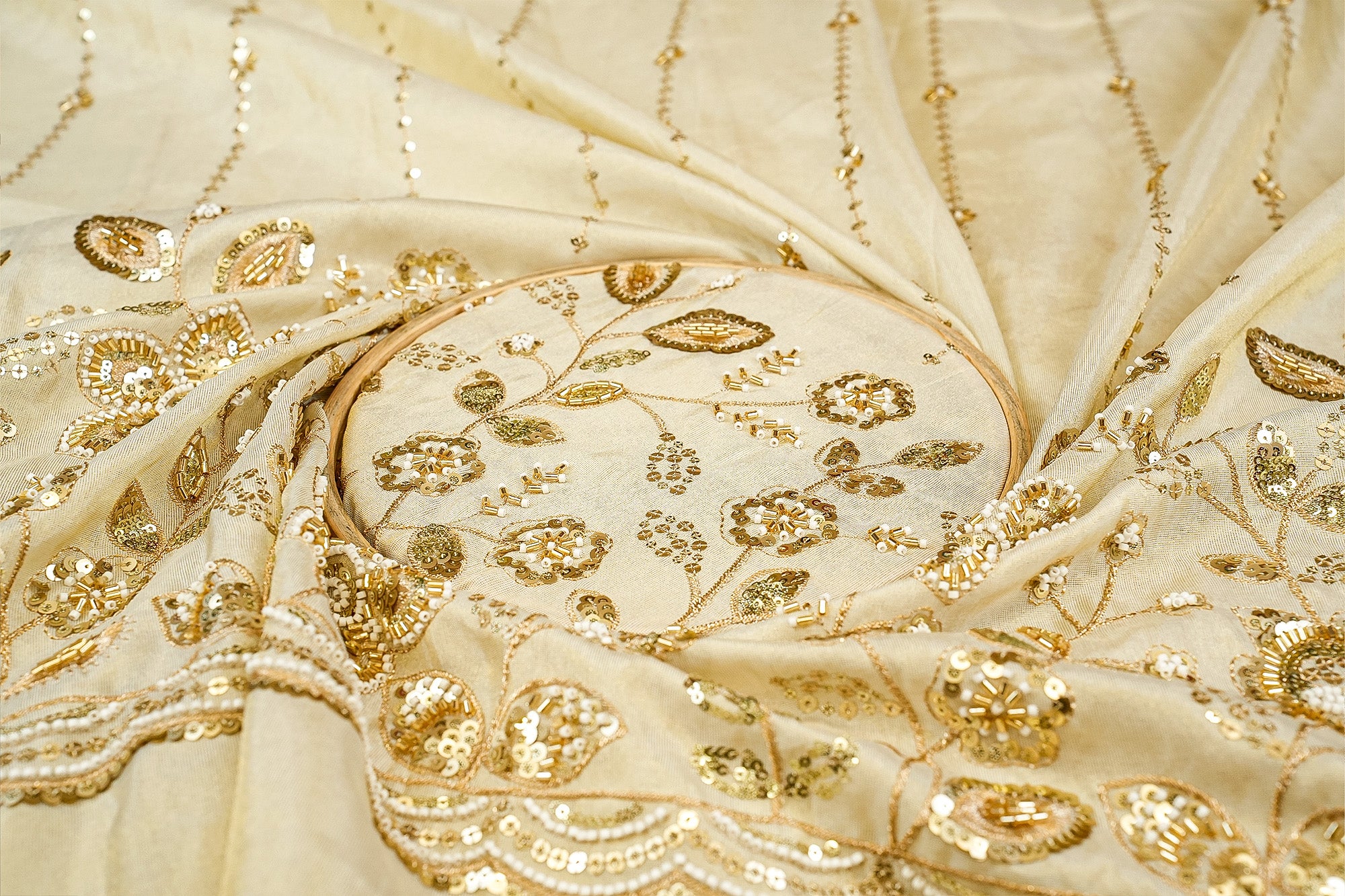 Opulent Elegance Tissue Fabric with Sequins, White Beads, Kutdana, Zari, and Heavy Border