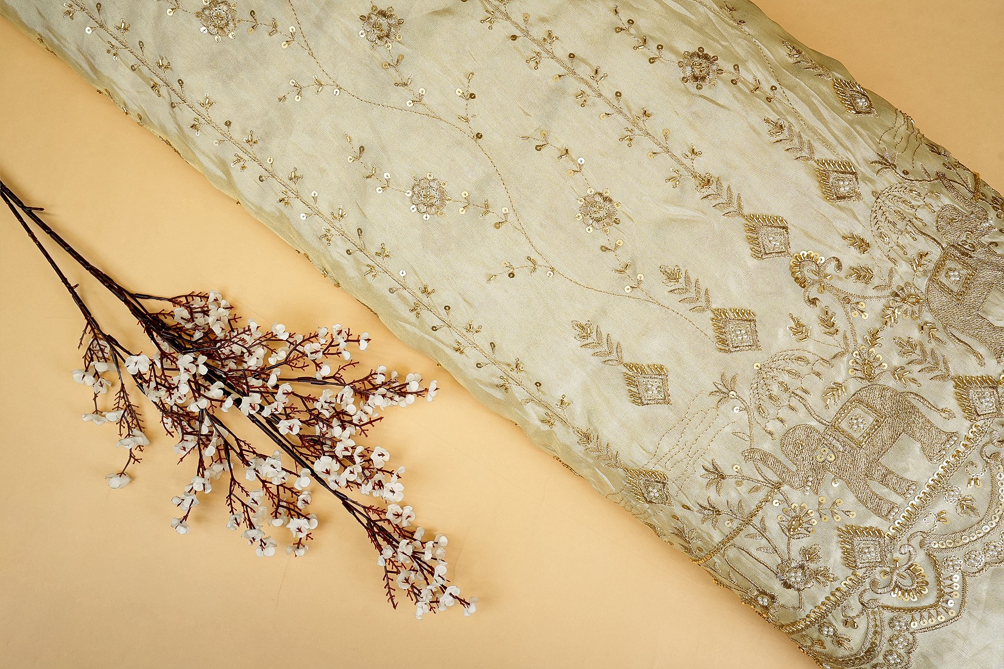 Elephant Majesty Tissue Fabric with Golden Zari, Sequins, Beads, and Pearlwork