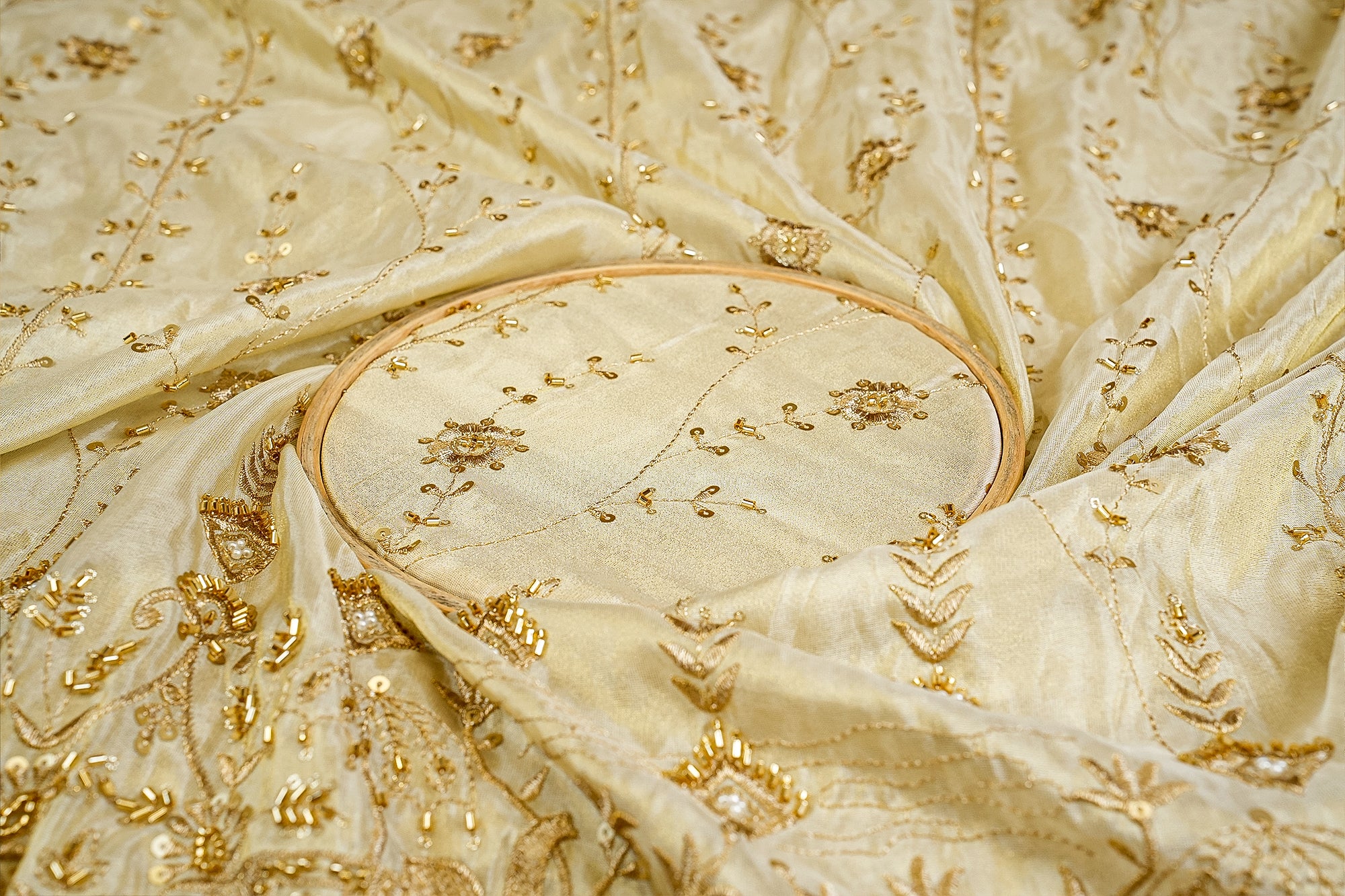 Elephant Majesty Tissue Fabric with Golden Zari, Sequins, Beads, and Pearlwork