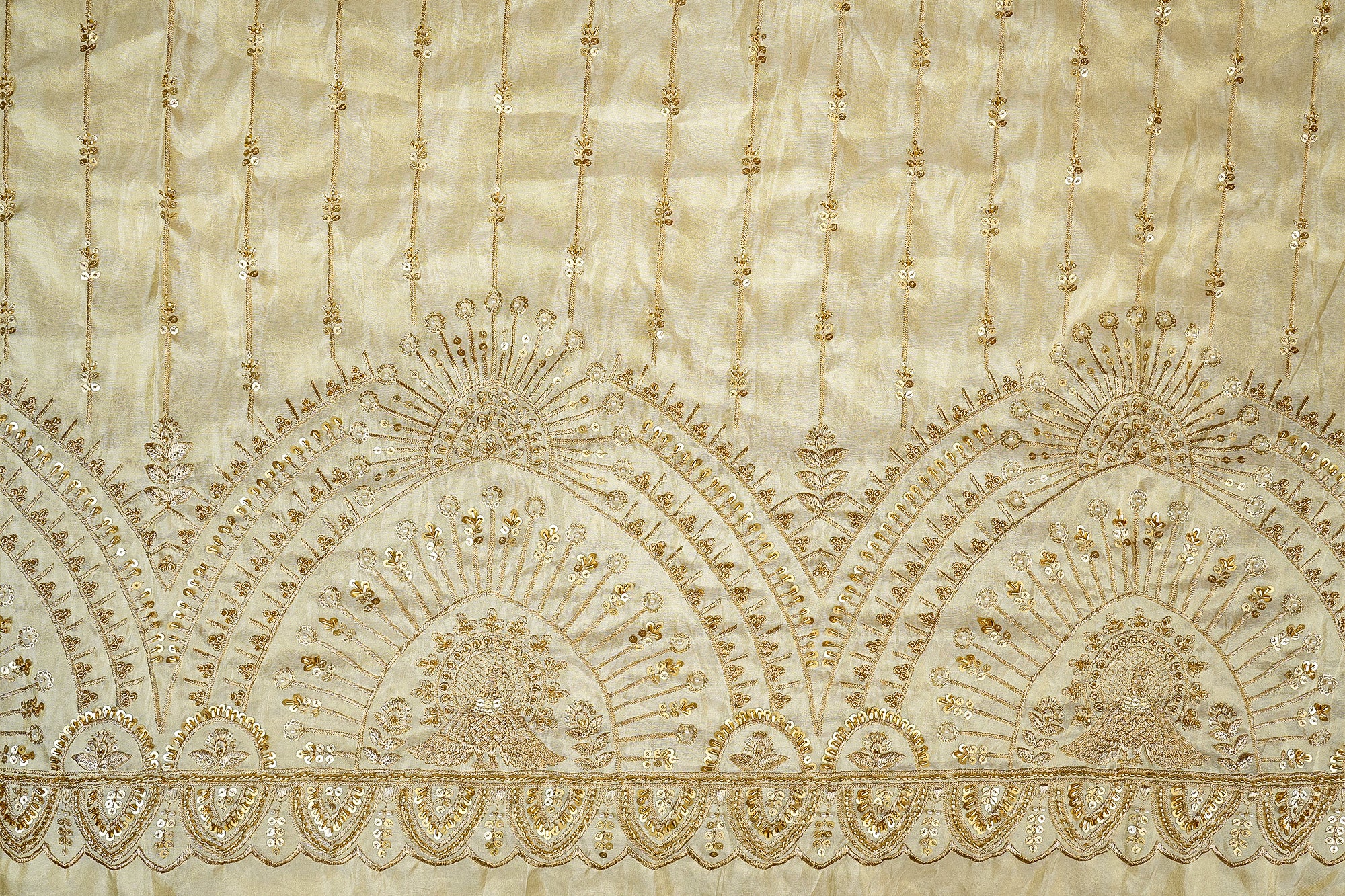 Regal Elegance Tissue Fabric with Threadwork, Sequins, Kutdana, Beads, Pearls, and Heavy Border