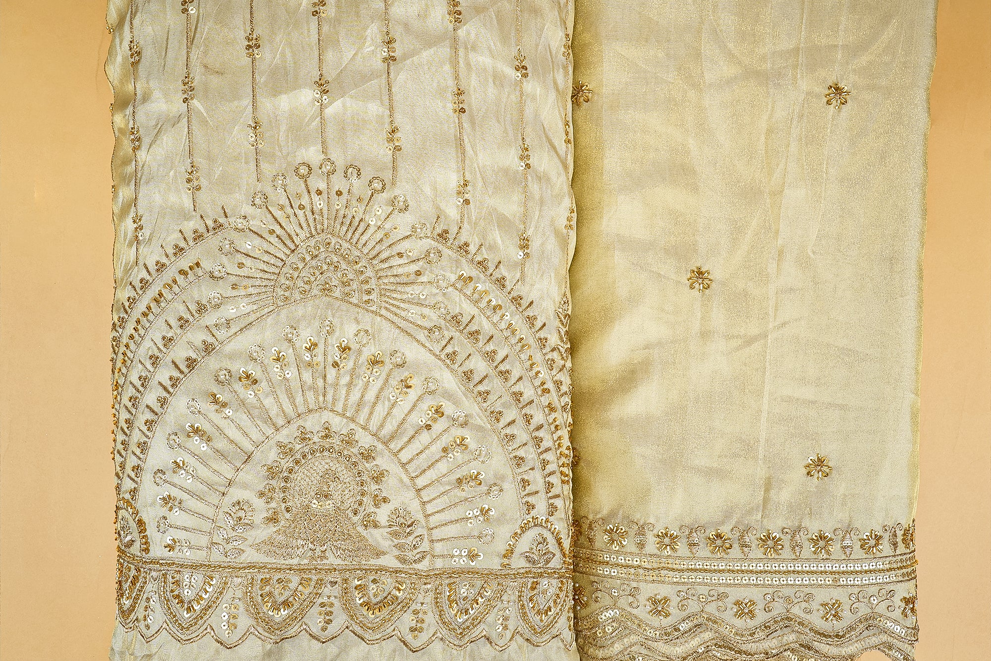 Regal Elegance Tissue Fabric with Threadwork, Sequins, Kutdana, Beads, Pearls, and Heavy Border