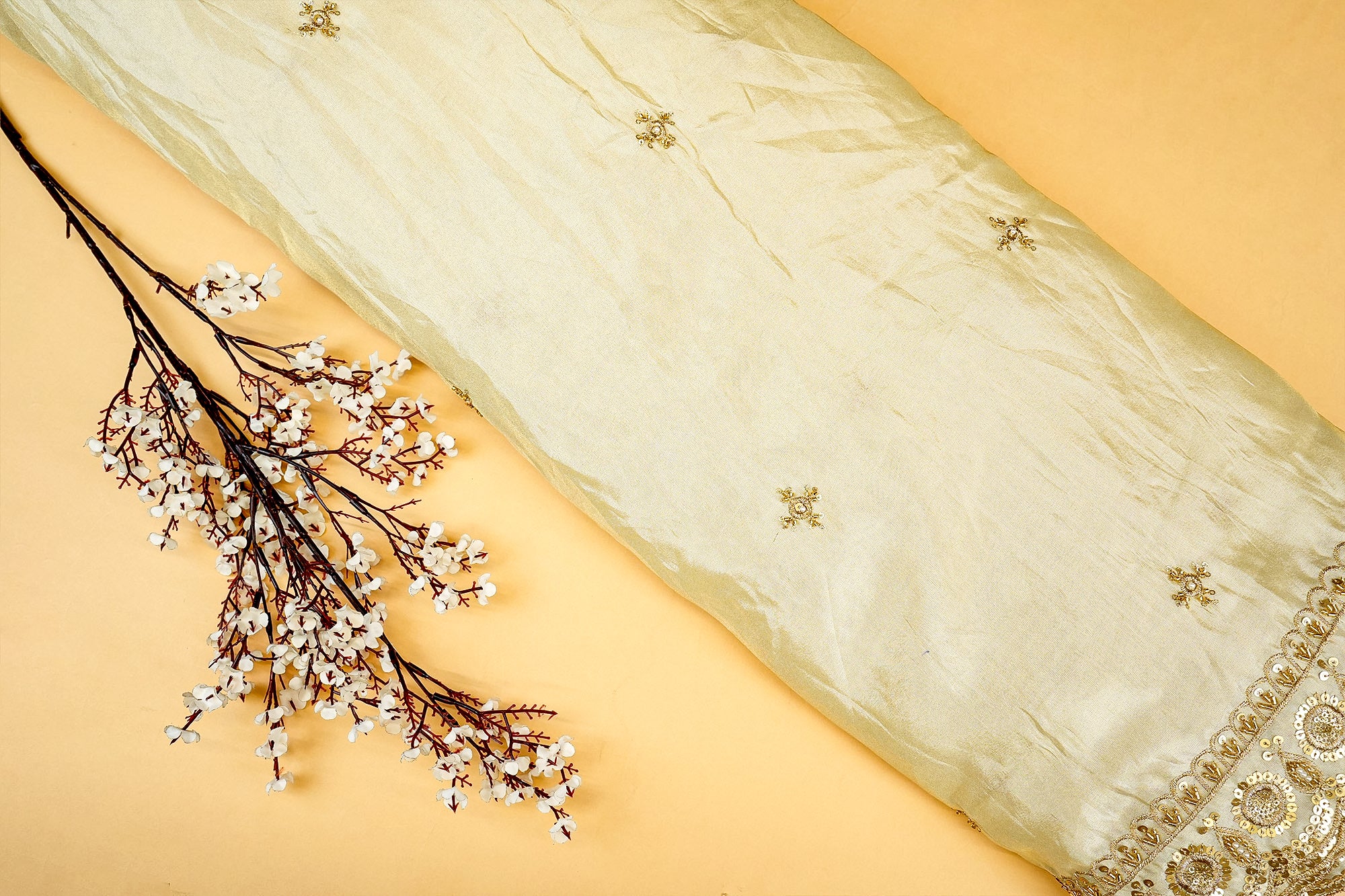 Ethereal Glow Tissue Dupatta with All-Over Butti of Sequins, Beads, Pearls, and Scalloped Borders