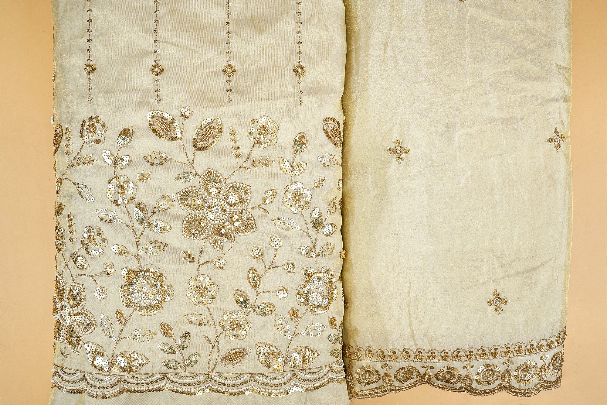 Ethereal Glow Tissue Dupatta with All-Over Butti of Sequins, Beads, Pearls, and Scalloped Borders