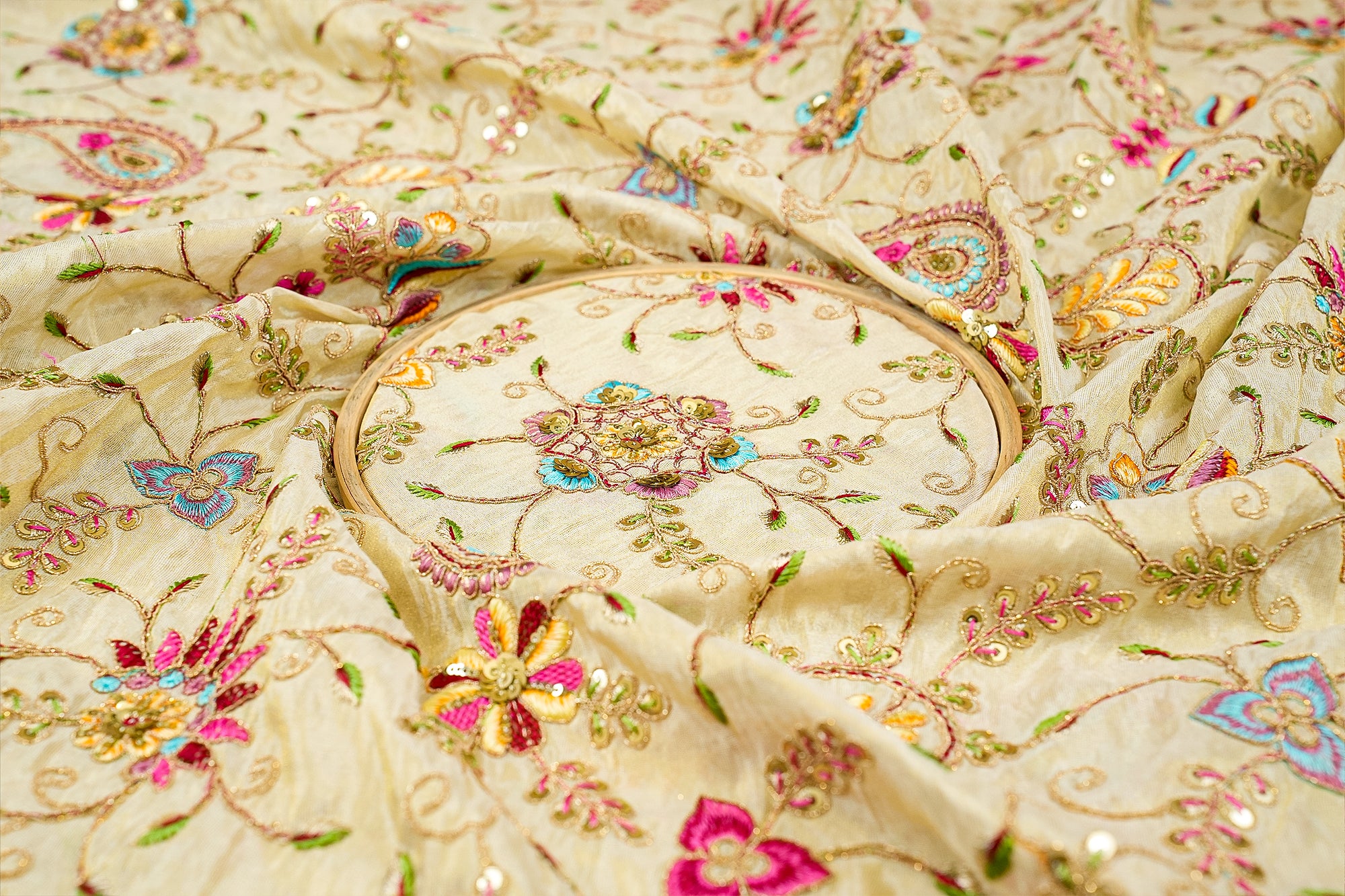 Rainbow Radiance Tissue Fabric with Multicolor Threadwork, Sequins, and Zari All-Over Floral Pattern