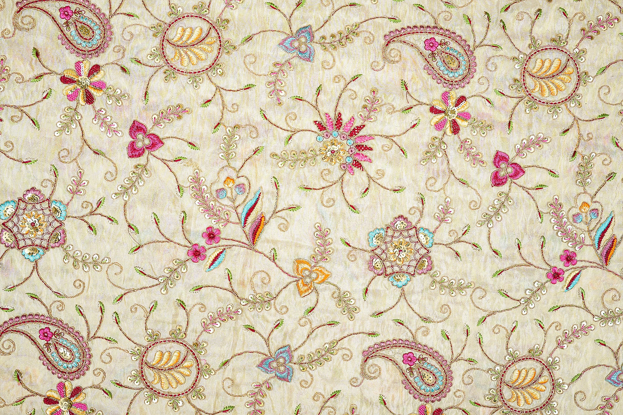 Rainbow Radiance Tissue Fabric with Multicolor Threadwork, Sequins, and Zari All-Over Floral Pattern