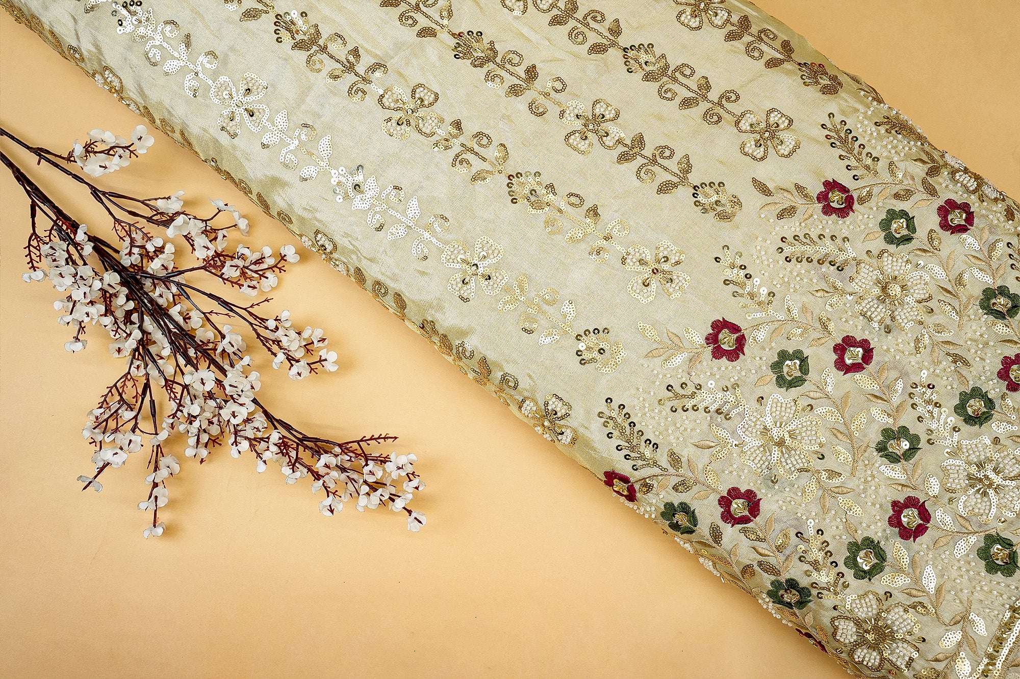 Golden Tissue Fabric with Heavy Floral Border of Sequins, Beads, Kutdana, and Threadwork