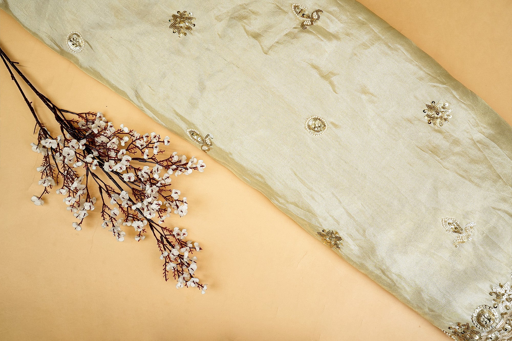 Ethereal Glow Tissue Dupatta Fabric with All-Over Butti of Sequins, Beads, Pearls, and Scalloped Borders