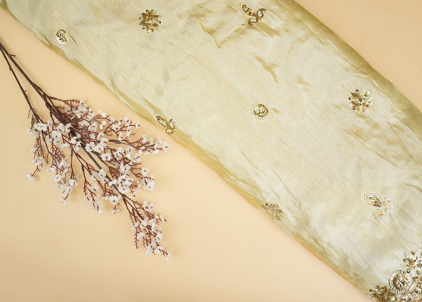 Ethereal Glow Tissue Dupatta Fabric with All-Over Butti of Sequins, Beads and Scalloped Borders